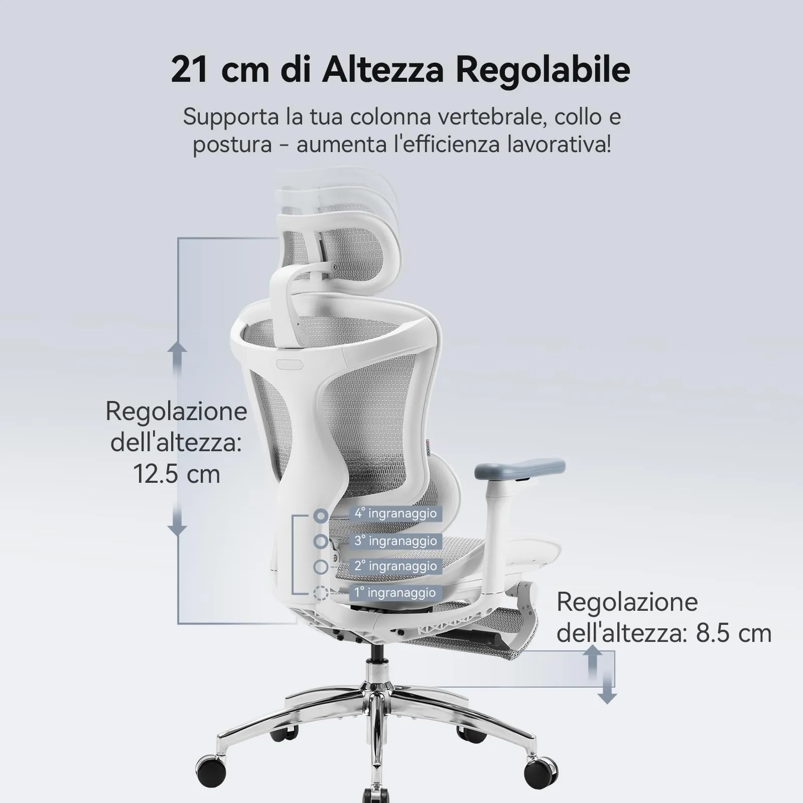 SIHOO DORO-C300L-A3-102-JT Sedia Ufficio Ergonomica Reclinabile con Poggiapiedi, Braccioli 4D e Supporto Lombare, Bianco - immagine 4
