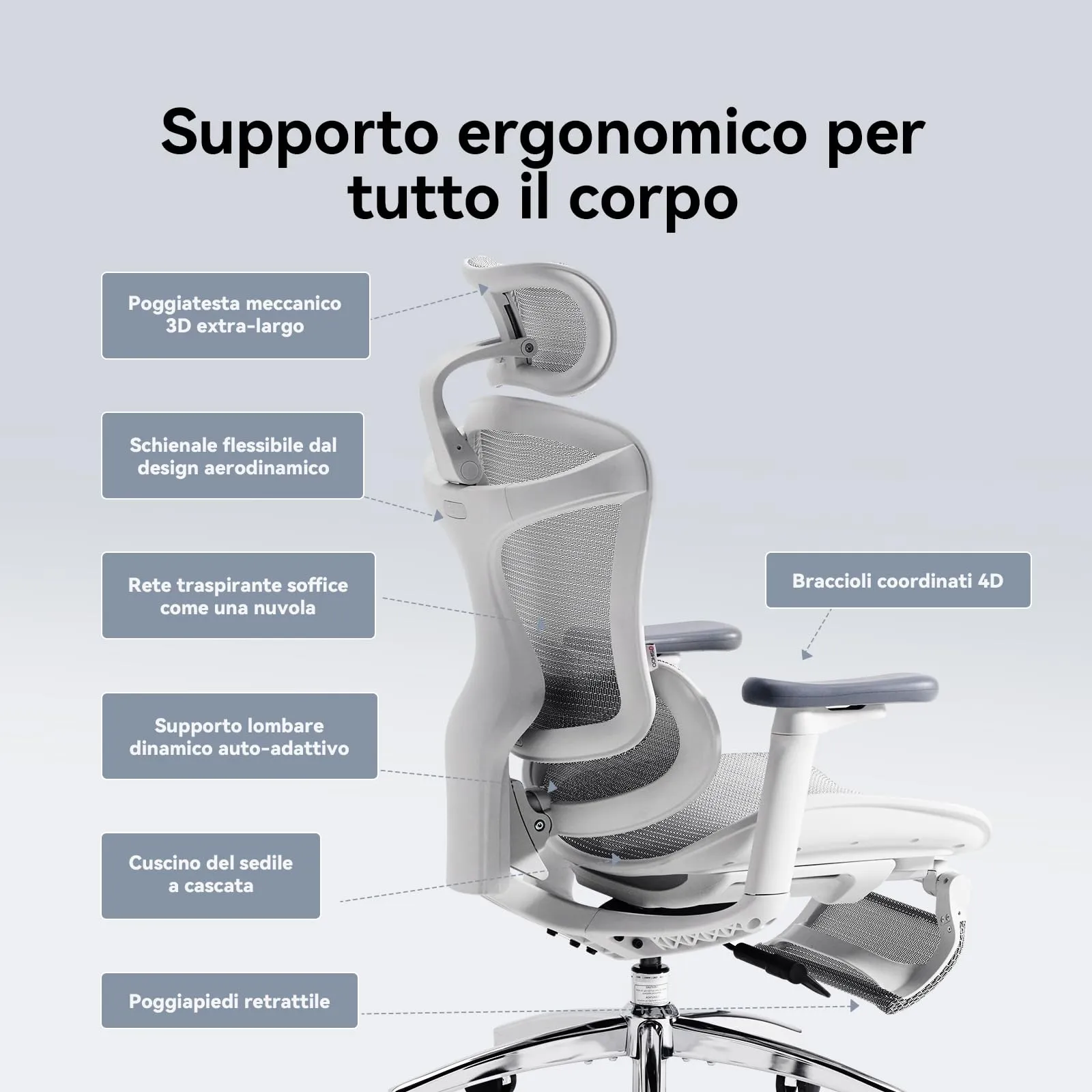 SIHOO DORO-C300L-A3-102-JT Sedia Ufficio Ergonomica Reclinabile con Poggiapiedi, Braccioli 4D e Supporto Lombare, Bianco - immagine 7