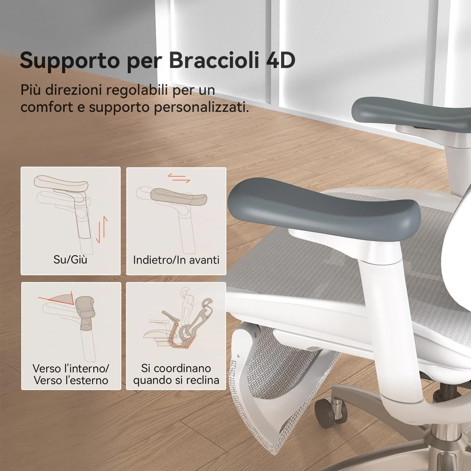 SIHOO DORO-C300L-A3-102-JT Sedia Ufficio Ergonomica Reclinabile con Poggiapiedi, Braccioli 4D e Supporto Lombare, Bianco - immagine 8
