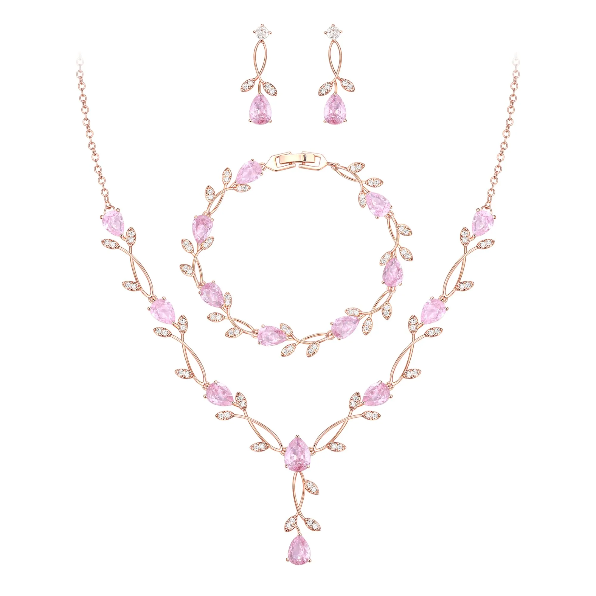 EVER FAITH Set di gioielli da sposa Teardrop Cubic Zirconia foglia di vite, collana, orecchini e bracciale, 49.5 cm, Rosa - immagine 1