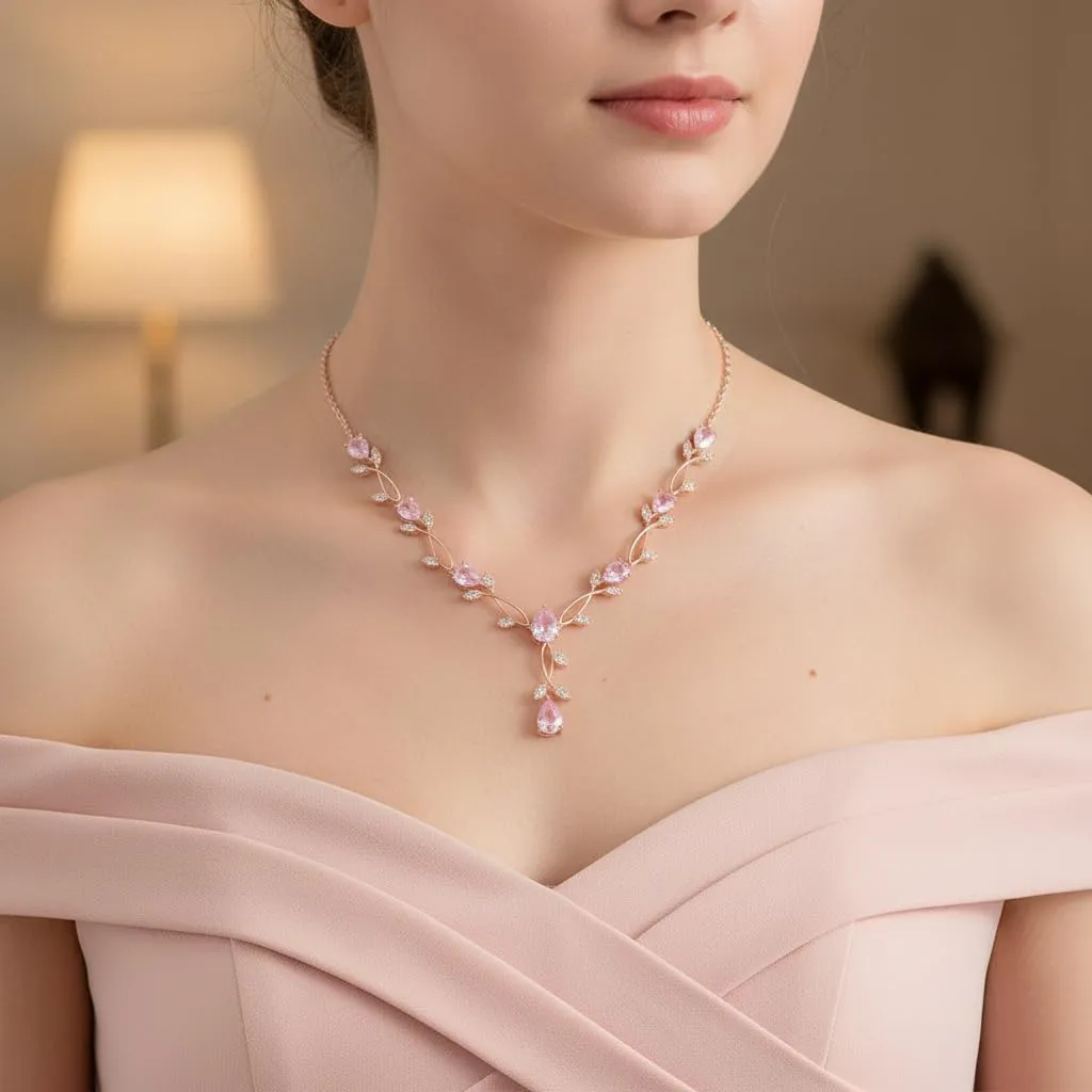 EVER FAITH Set di gioielli da sposa Teardrop Cubic Zirconia foglia di vite, collana, orecchini e bracciale, 49.5 cm, Rosa - immagine 2