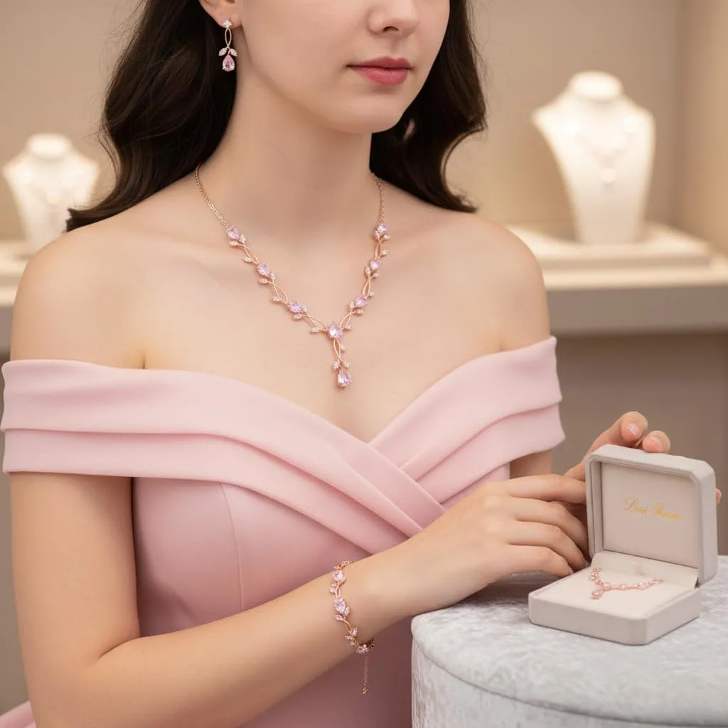 EVER FAITH Set di gioielli da sposa Teardrop Cubic Zirconia foglia di vite, collana, orecchini e bracciale, 49.5 cm, Rosa - immagine 3