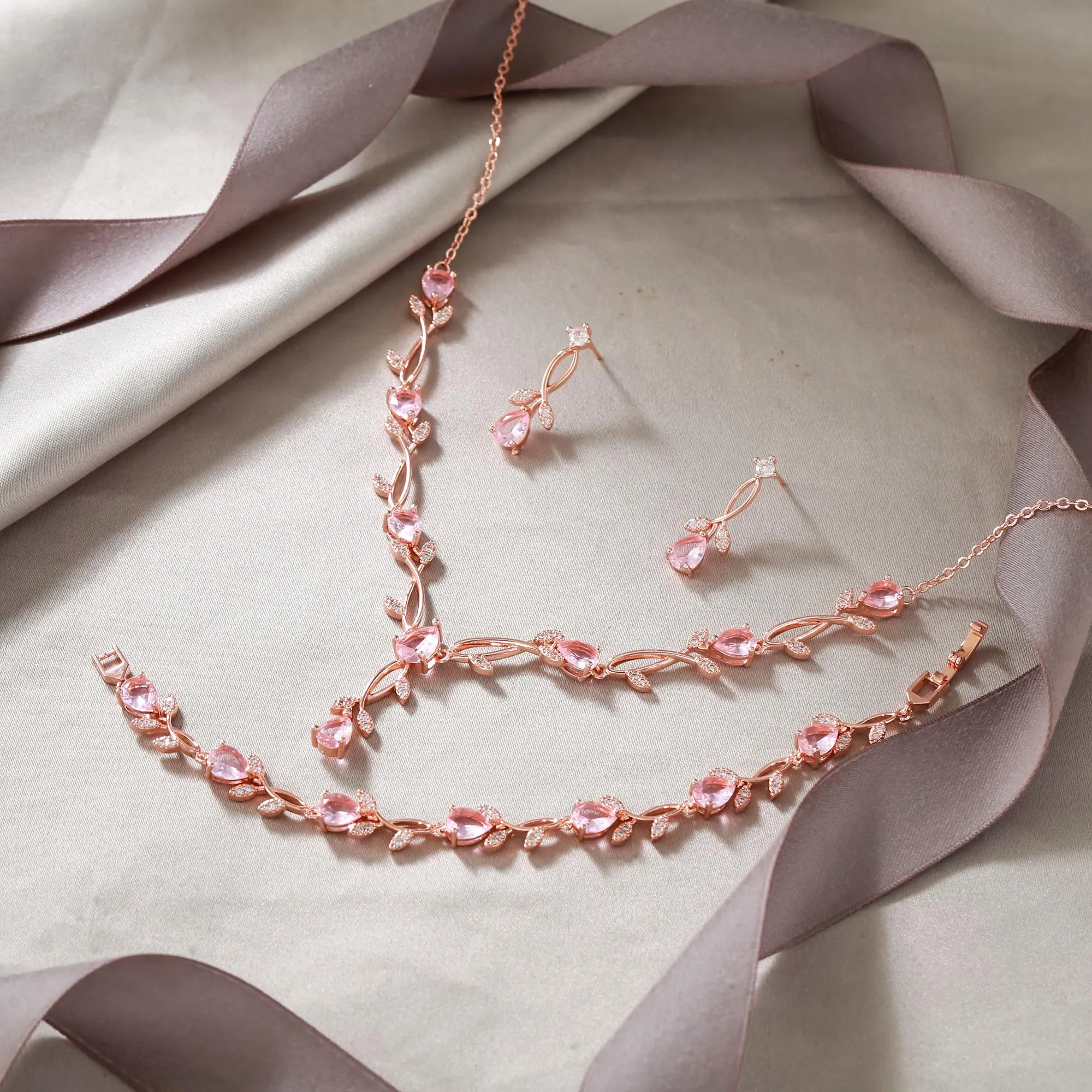 EVER FAITH Set di gioielli da sposa Teardrop Cubic Zirconia foglia di vite, collana, orecchini e bracciale, 49.5 cm, Rosa - immagine 4