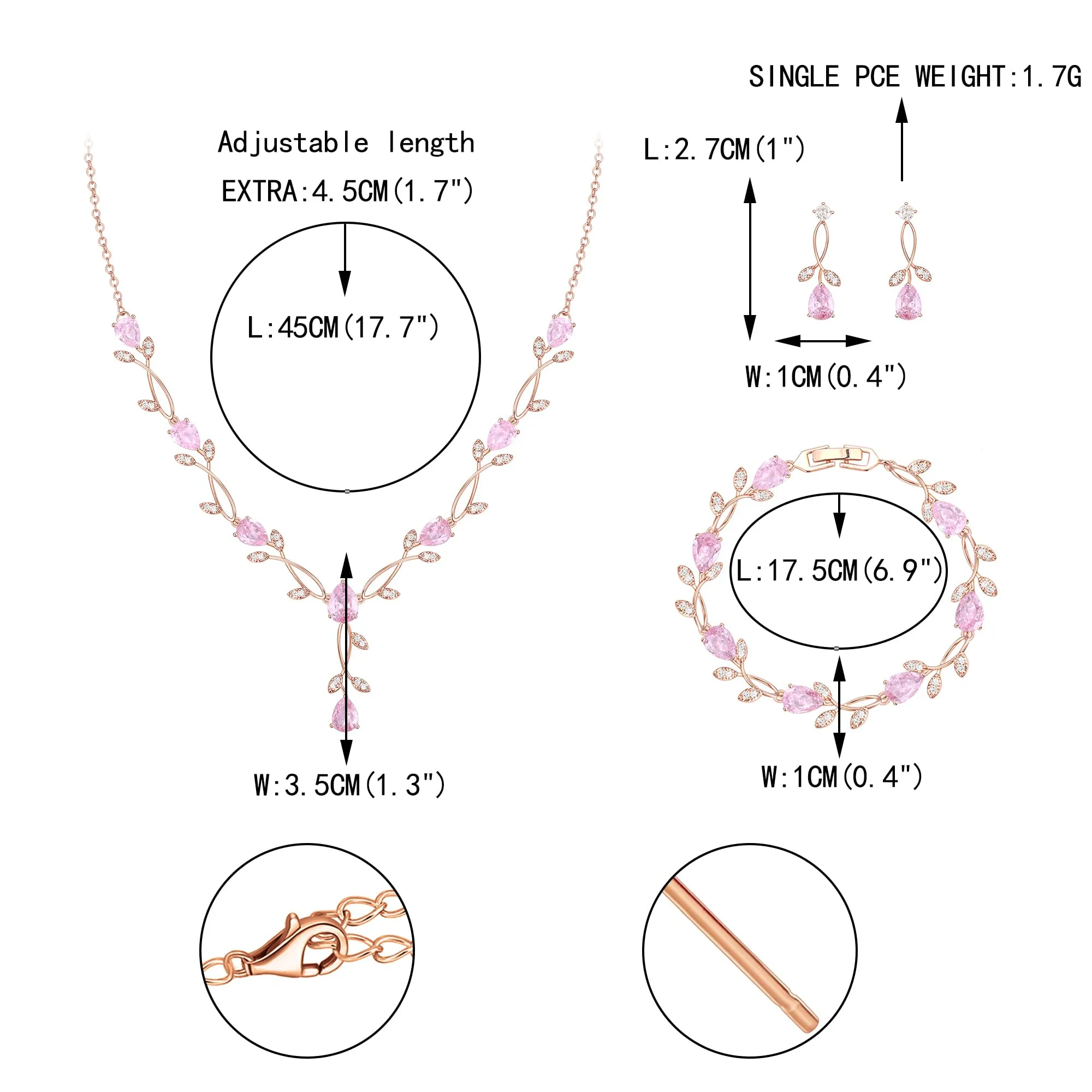 EVER FAITH Set di gioielli da sposa Teardrop Cubic Zirconia foglia di vite, collana, orecchini e bracciale, 49.5 cm, Rosa - immagine 5