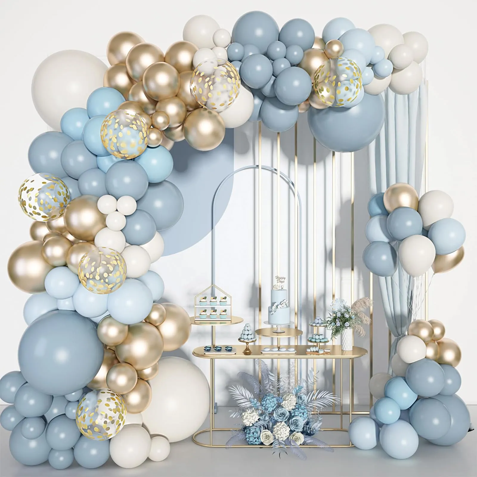 Frigg Kit Arco di Palloncini Blu Polveroso, Azzurri, Bianco e Oro, 105 Pezzi - immagine 1