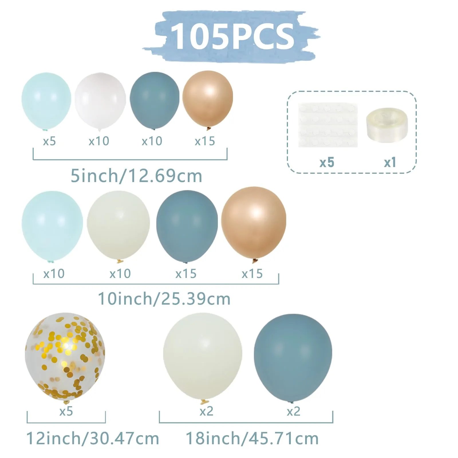Frigg Kit Arco di Palloncini Blu Polveroso, Azzurri, Bianco e Oro, 105 Pezzi - immagine 2