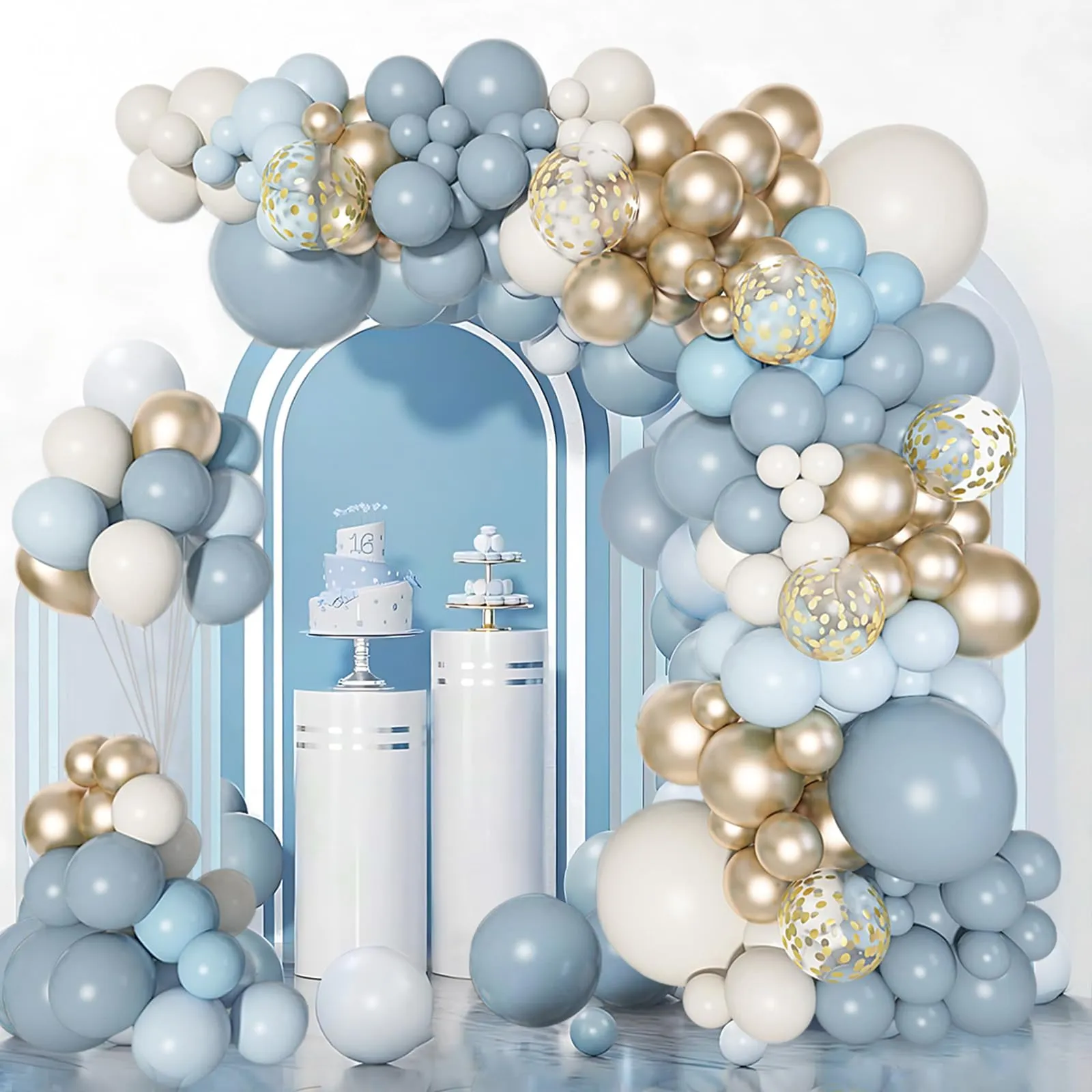 Frigg Kit Arco di Palloncini Blu Polveroso, Azzurri, Bianco e Oro, 105 Pezzi - immagine 3