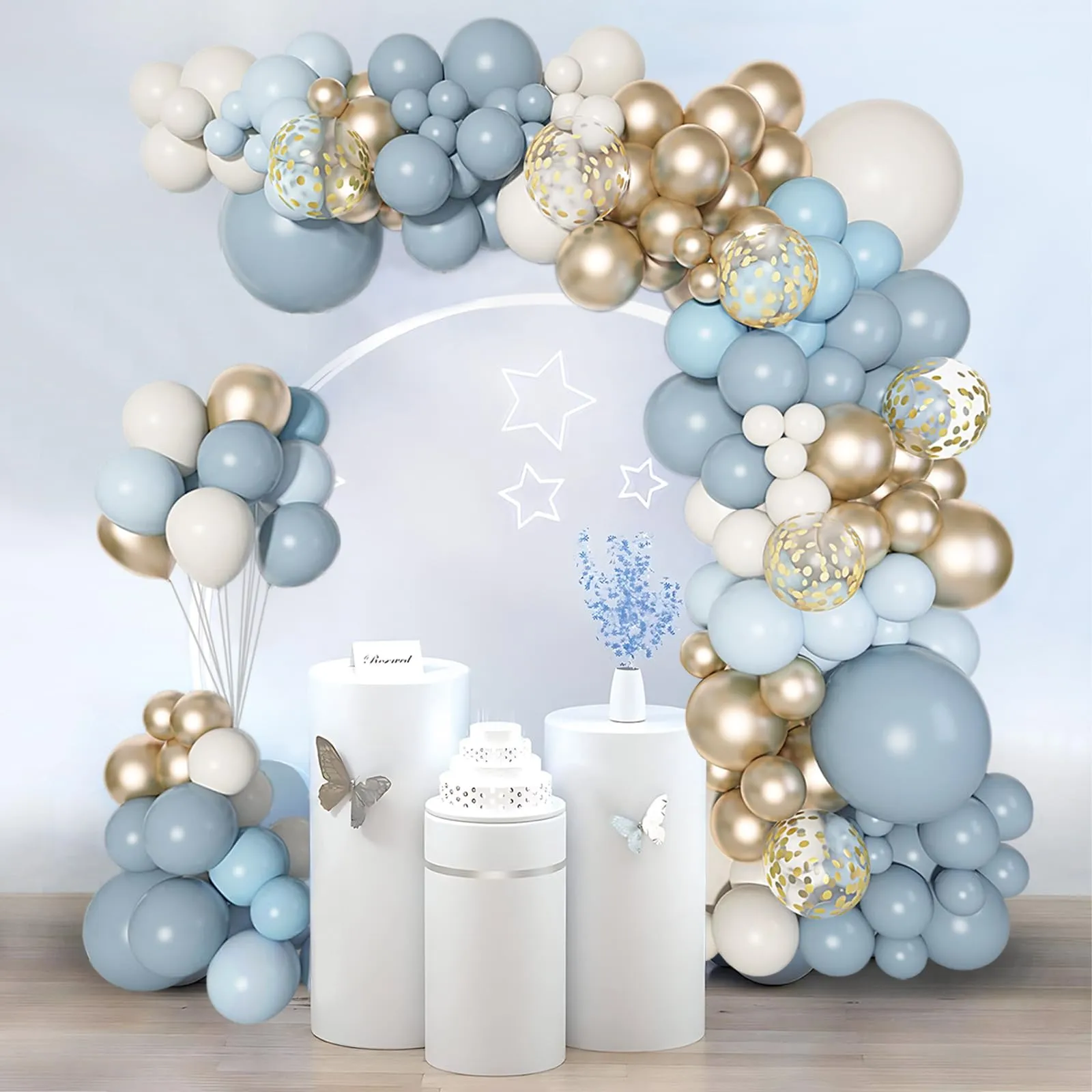 Frigg Kit Arco di Palloncini Blu Polveroso, Azzurri, Bianco e Oro, 105 Pezzi - immagine 4