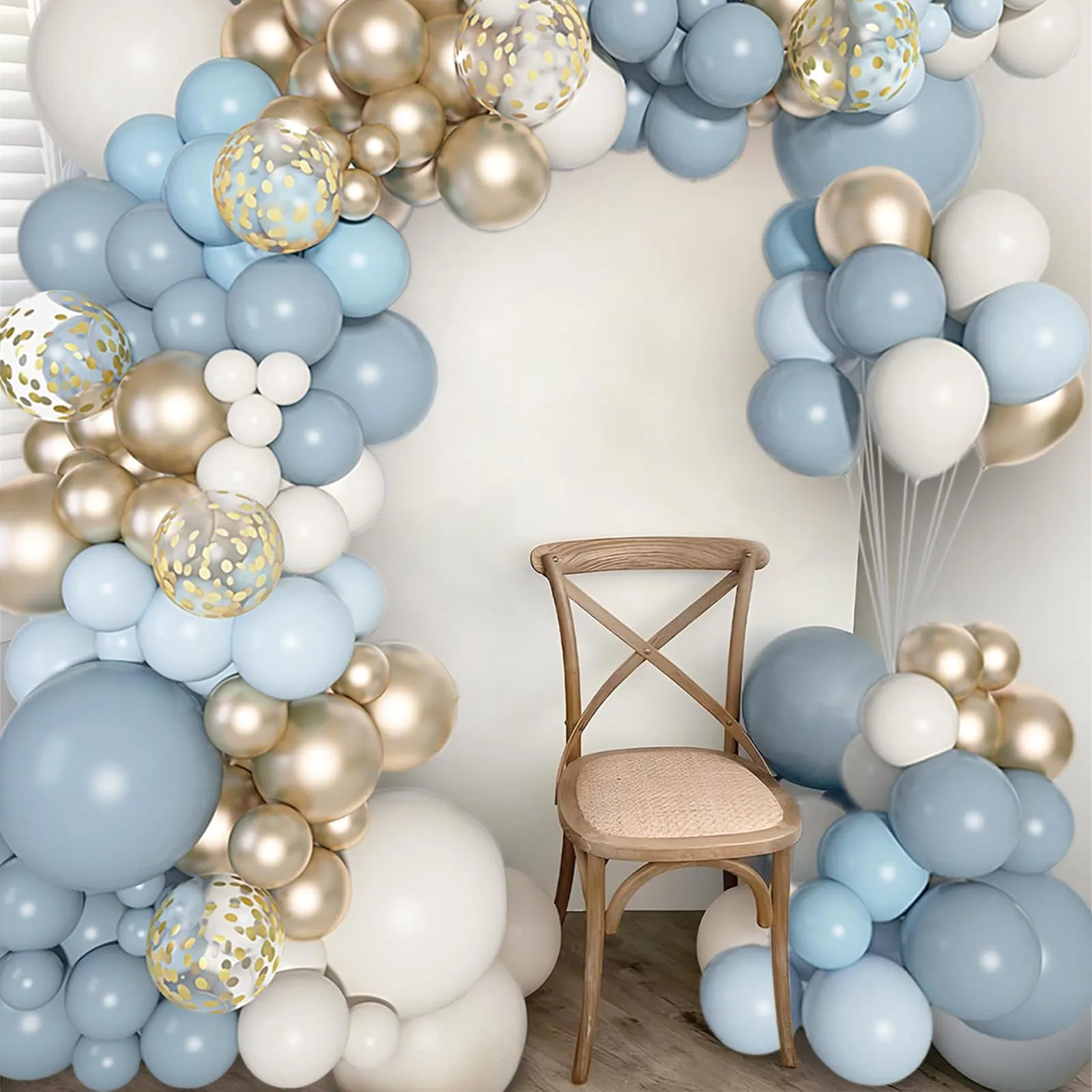Frigg Kit Arco di Palloncini Blu Polveroso, Azzurri, Bianco e Oro, 105 Pezzi - immagine 6