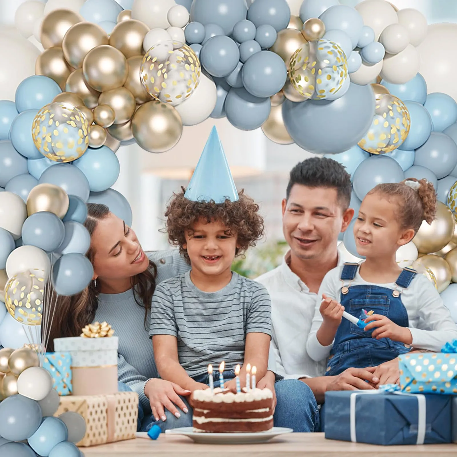 Frigg Kit Arco di Palloncini Blu Polveroso, Azzurri, Bianco e Oro, 105 Pezzi - immagine 7