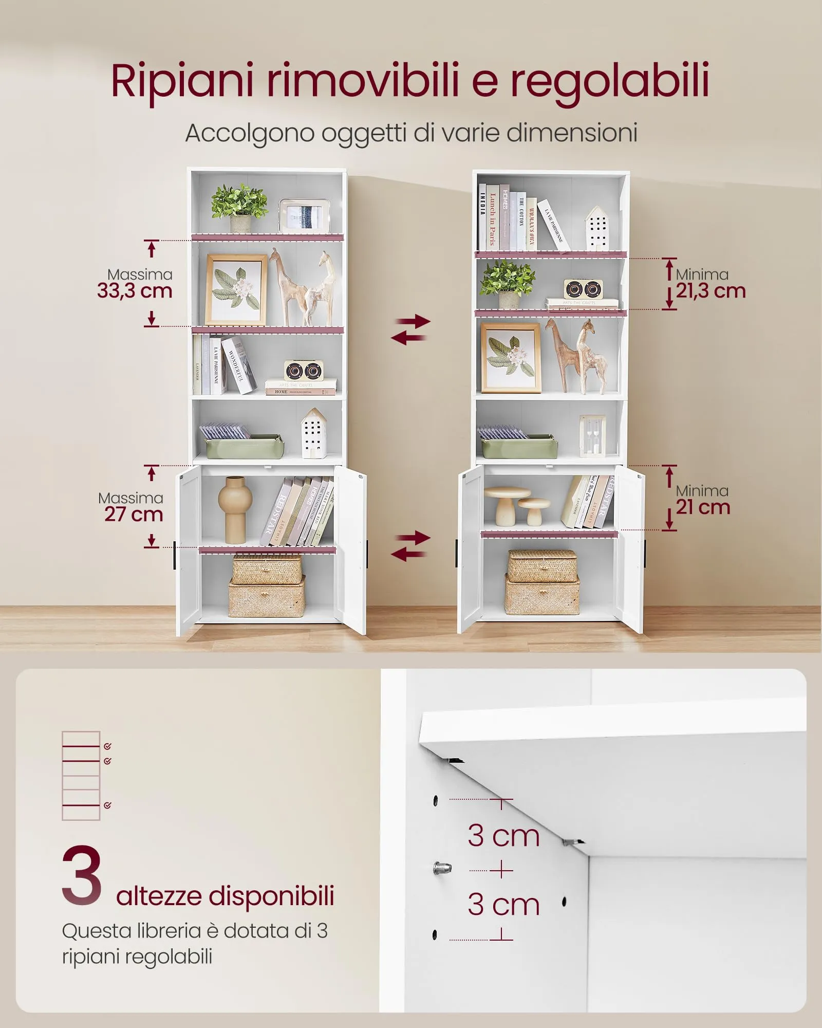 VASAGLE Libreria a 6 Ripiani con Anta, 60 x 24 x 175 cm, Bianco Nuvola - immagine 2