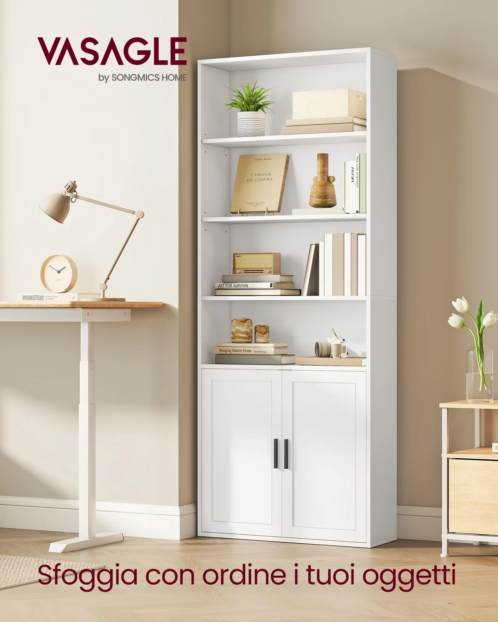 VASAGLE Libreria a 6 Ripiani con Anta, 60 x 24 x 175 cm, Bianco Nuvola - immagine 3