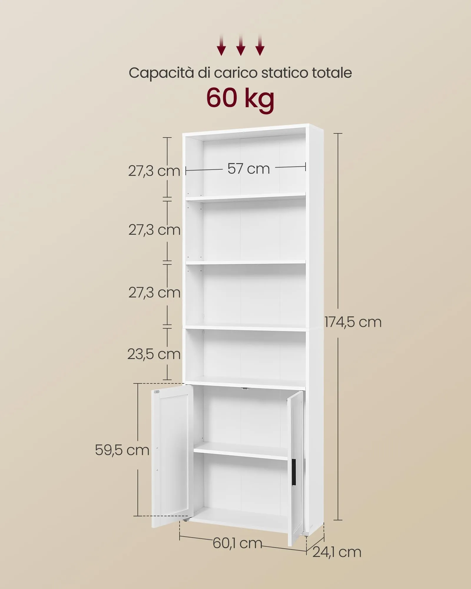 VASAGLE Libreria a 6 Ripiani con Anta, 60 x 24 x 175 cm, Bianco Nuvola - immagine 6
