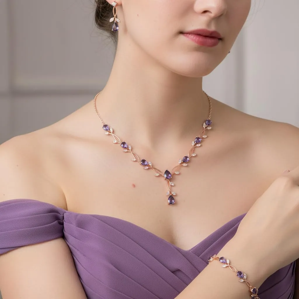 EVER FAITH Set di gioielli da sposa con zirconi cubici, collana con pendente, orecchini e braccialetto, 45-49.5 cm - immagine 2