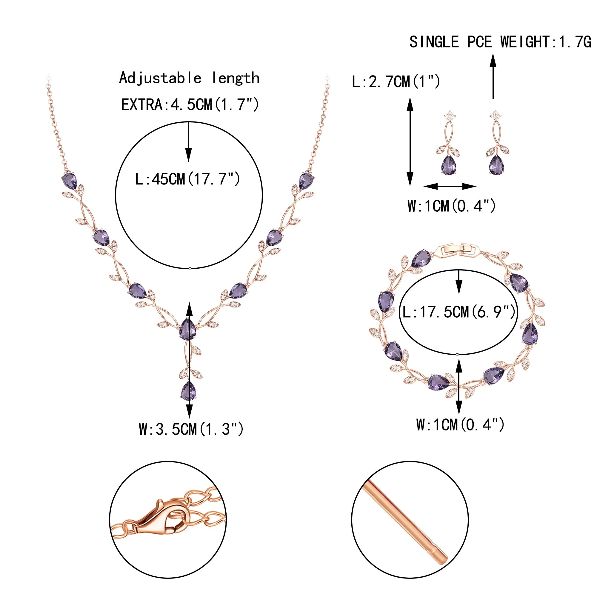 EVER FAITH Set di gioielli da sposa con zirconi cubici, collana con pendente, orecchini e braccialetto, 45-49.5 cm - immagine 4