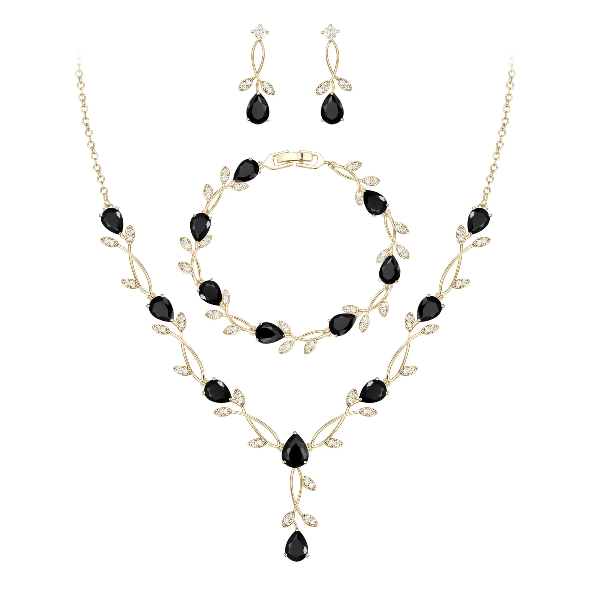 EVER FAITH Set di gioielli da sposa Teardrop Cubic Zirconia foglia di vite, Collana, Orecchini e Bracciale, Groß - immagine 1