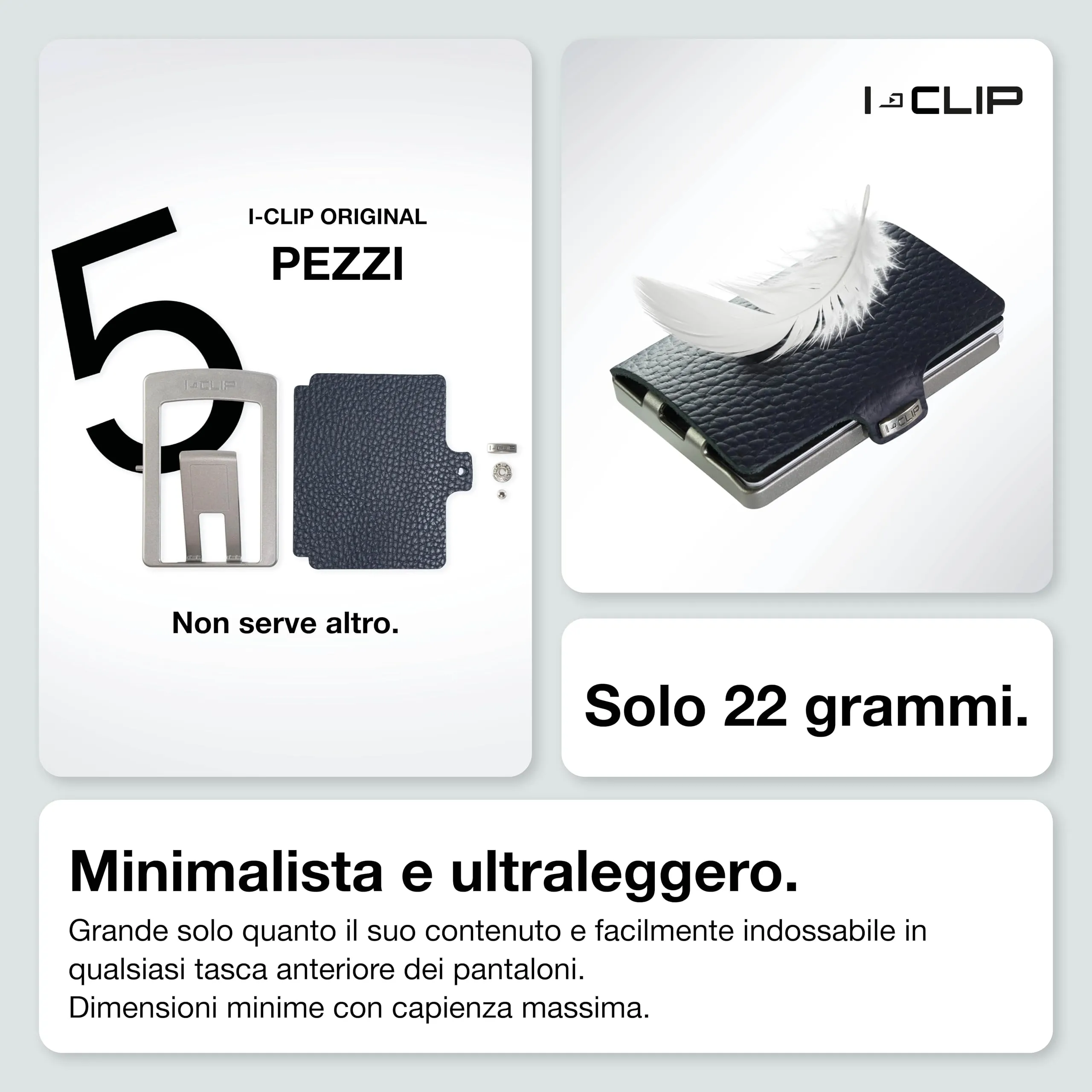 I-CLIP Original Portafoglio Uomo Slim, Mini Wallet fino a 12 Carte, Pelle Martellata Blu, Telaio Argento - immagine 3