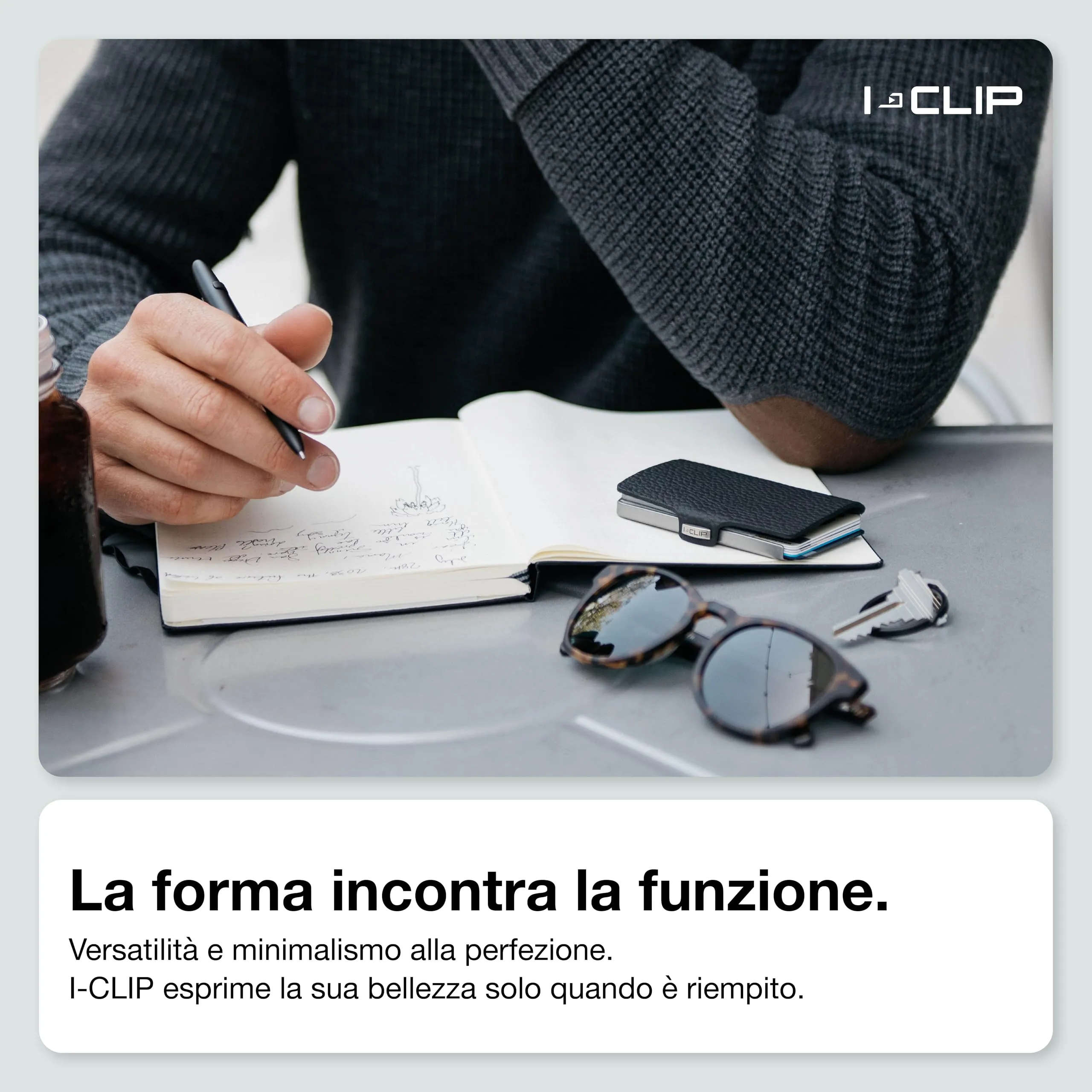 I-CLIP Original Portafoglio Uomo Slim, Mini Wallet fino a 12 Carte, Pelle Martellata Blu, Telaio Argento - immagine 5
