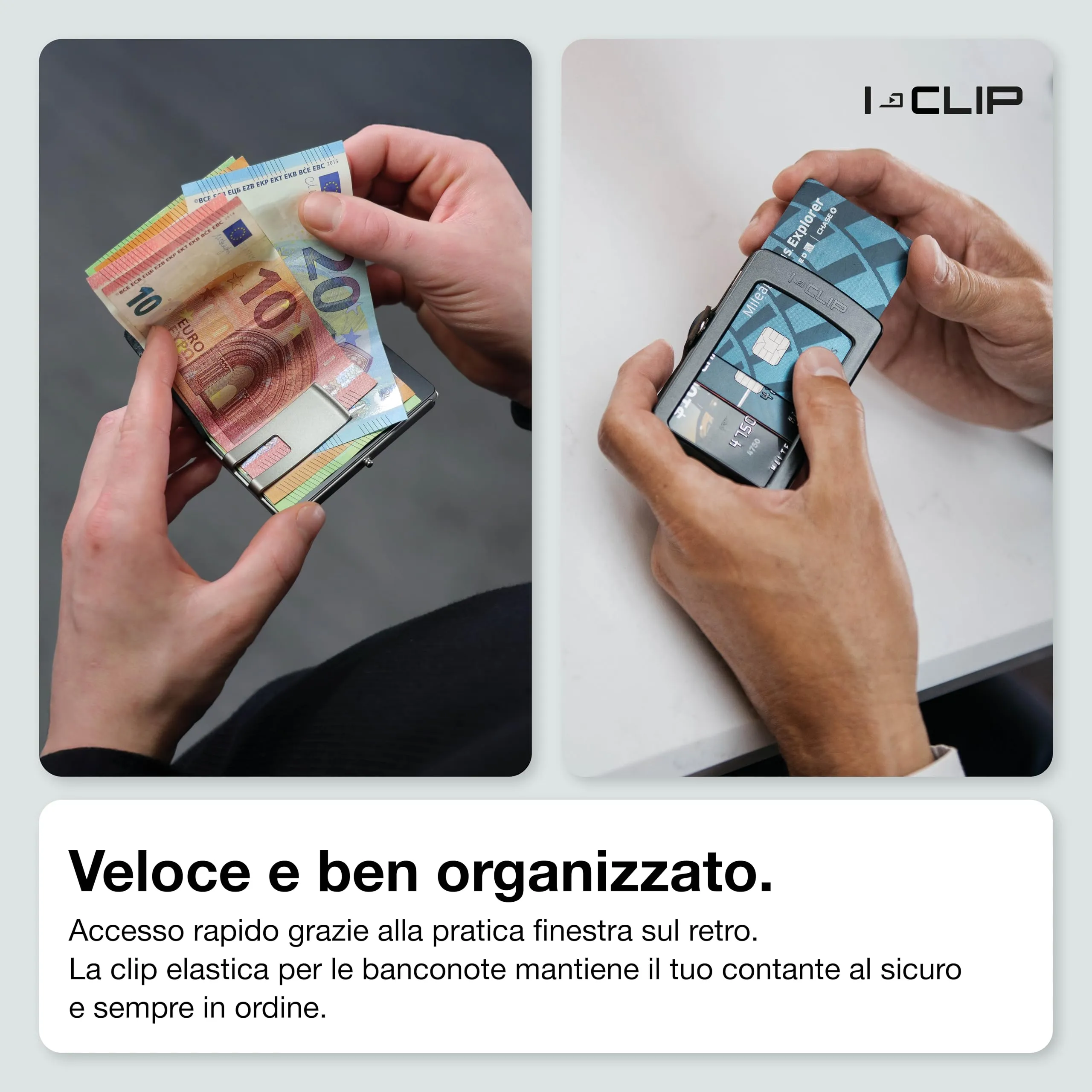 I-CLIP Original Portafoglio Uomo Slim, Mini Wallet fino a 12 Carte, Pelle Effetto Carbon, Telaio Argento - immagine 4