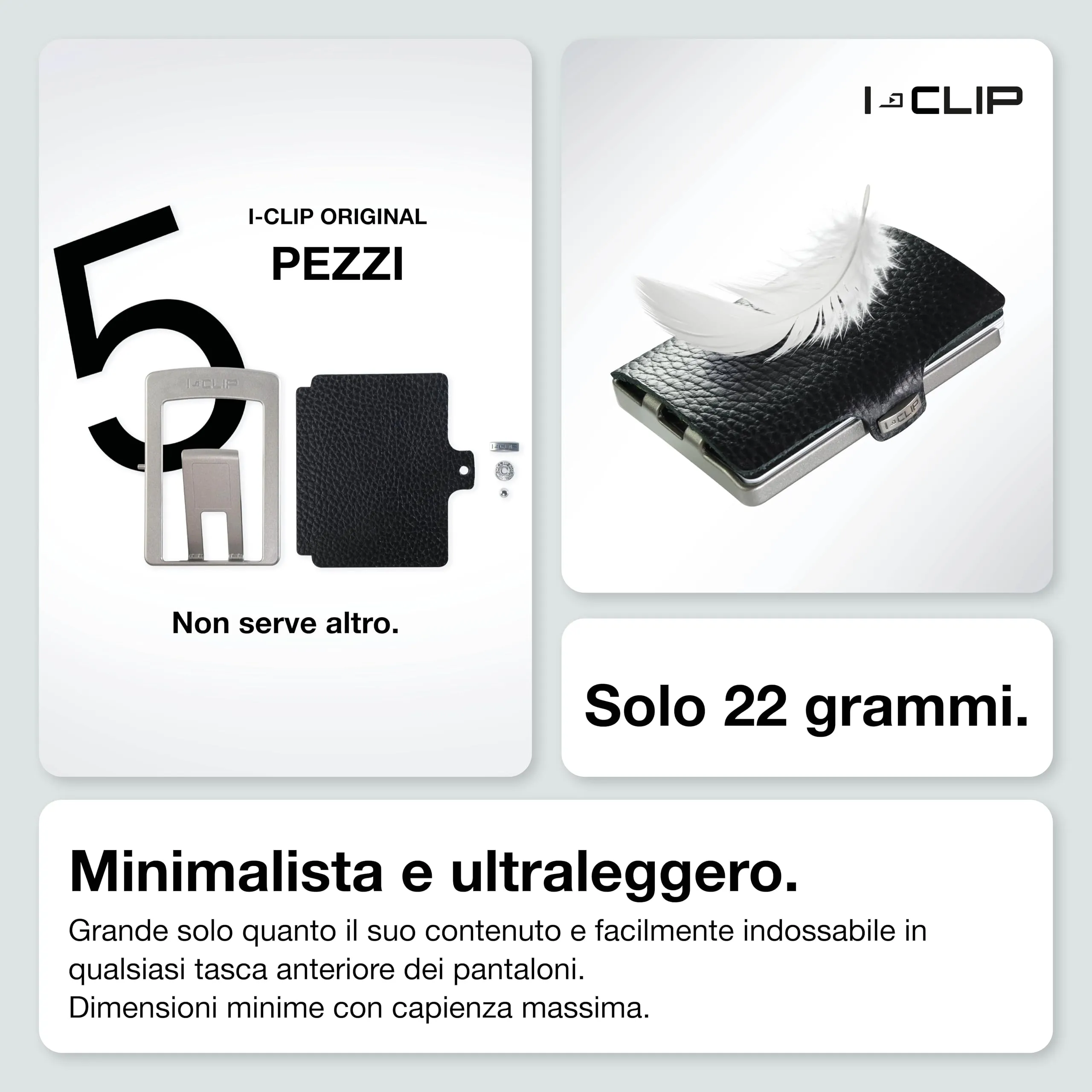 I-CLIP Original Portafoglio Uomo Slim, Mini Wallet fino a 12 Carte, Pelle Martellata Nero, Telaio Argento - immagine 3