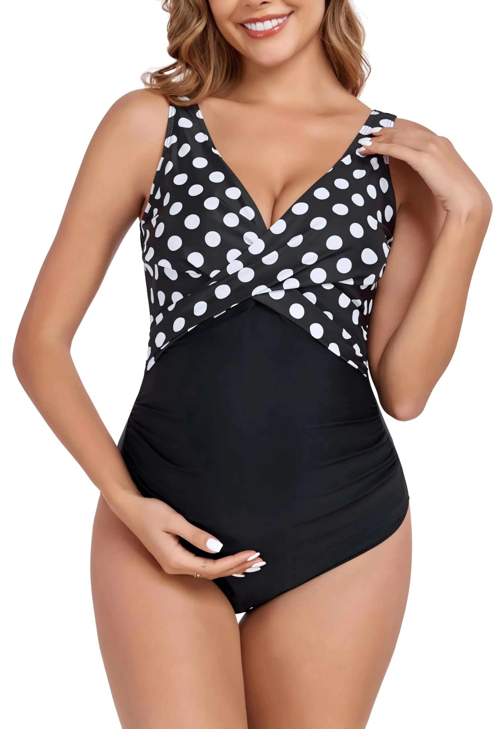 SUMMERSUNSHINE Costume da Bagno Intero Premaman con Incrocio Anteriore, A Pois, S - immagine 1