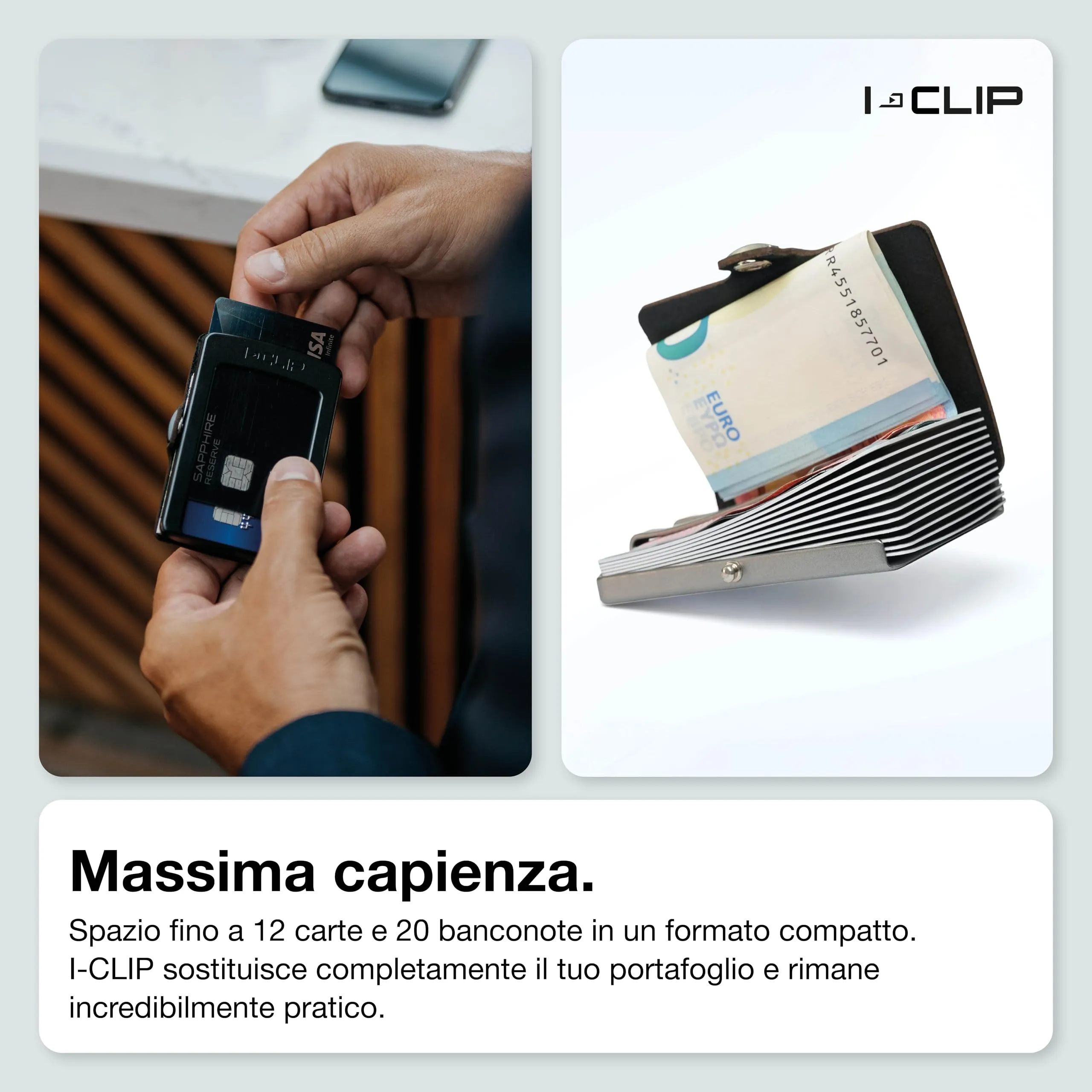 I-CLIP Original Portafoglio Uomo Slim, Mini Wallet fino a 12 Carte, Pelle Martellata Noce, Telaio Argento - immagine 2
