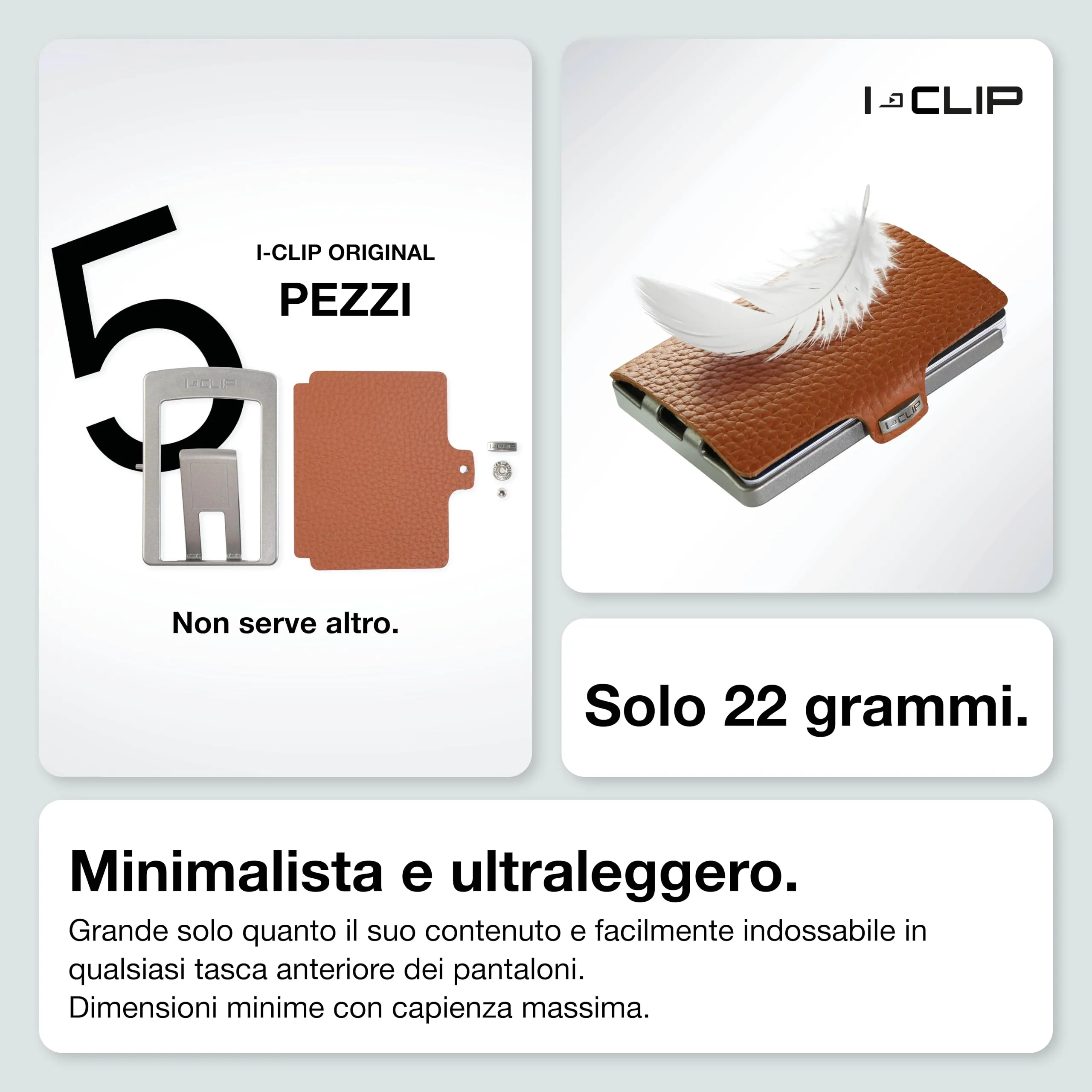 I-CLIP Original Portafoglio Uomo Slim, Mini Wallet fino a 12 Carte, Pelle Martellata Noce, Telaio Argento - immagine 3