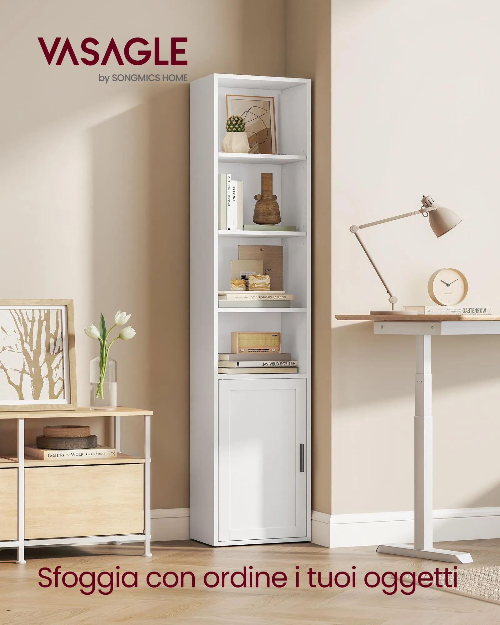VASAGLE Libreria a 6 Ripiani con Anta, 31,8 x 24 x 175 cm, Bianco Nuvola - immagine 2
