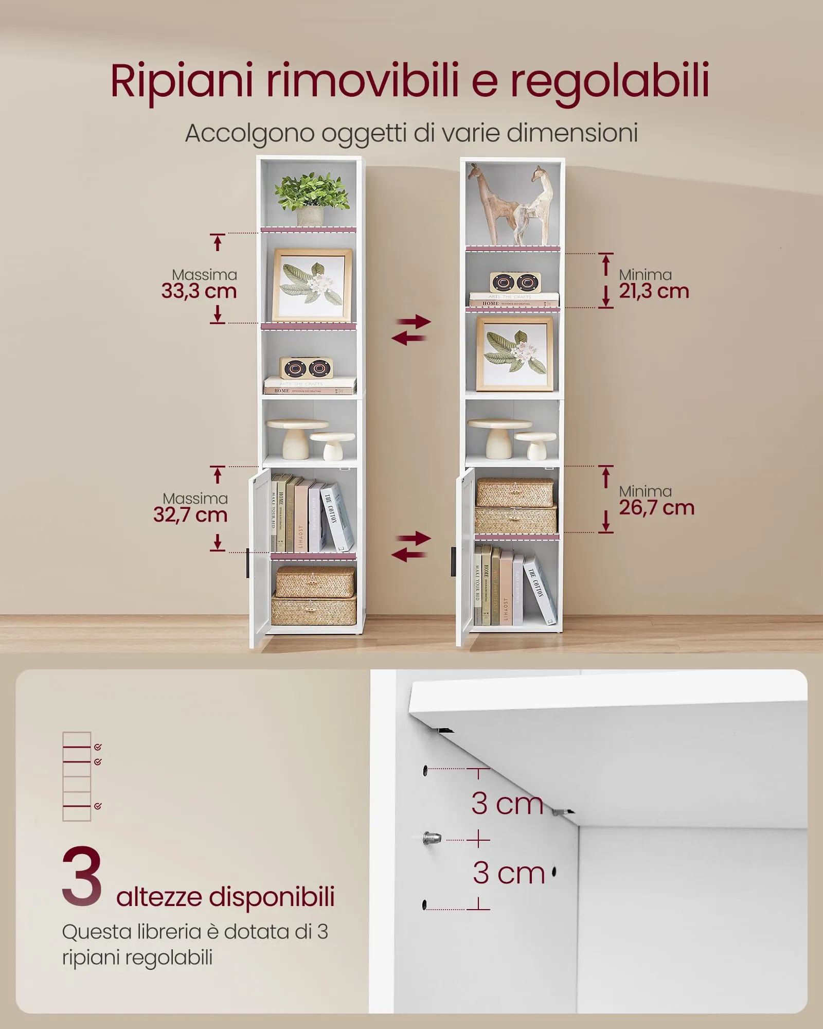 VASAGLE Libreria a 6 Ripiani con Anta, 31,8 x 24 x 175 cm, Bianco Nuvola - immagine 3
