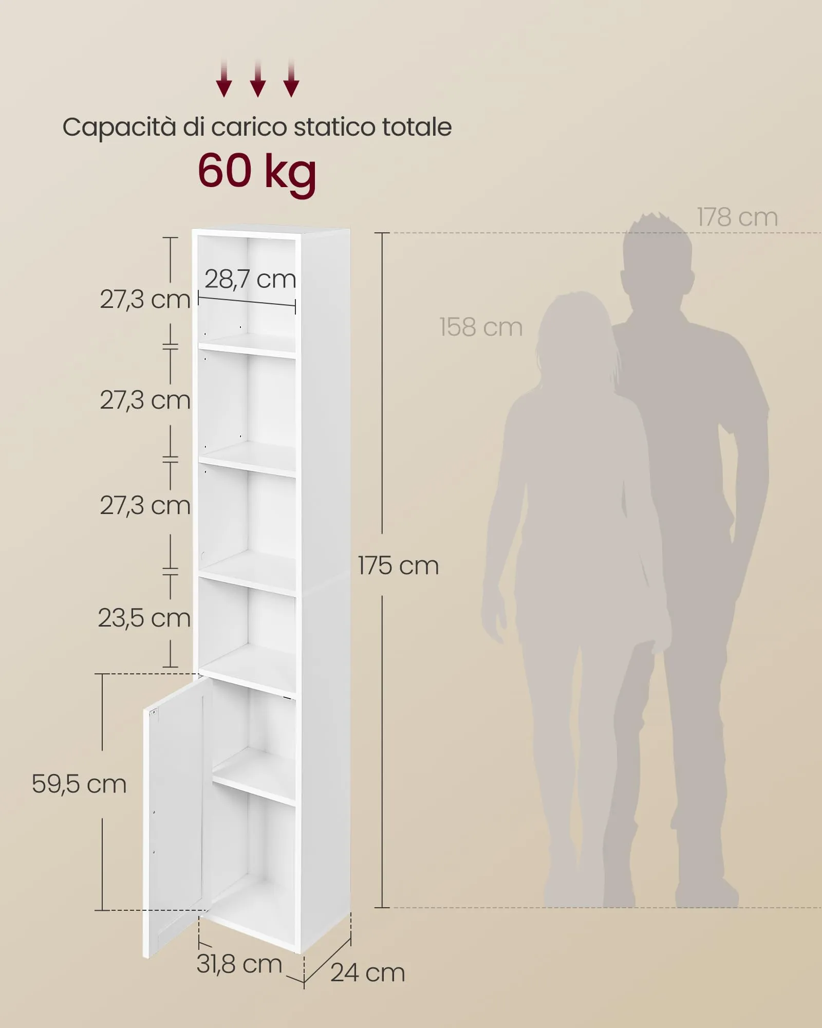 VASAGLE Libreria a 6 Ripiani con Anta, 31,8 x 24 x 175 cm, Bianco Nuvola - immagine 6