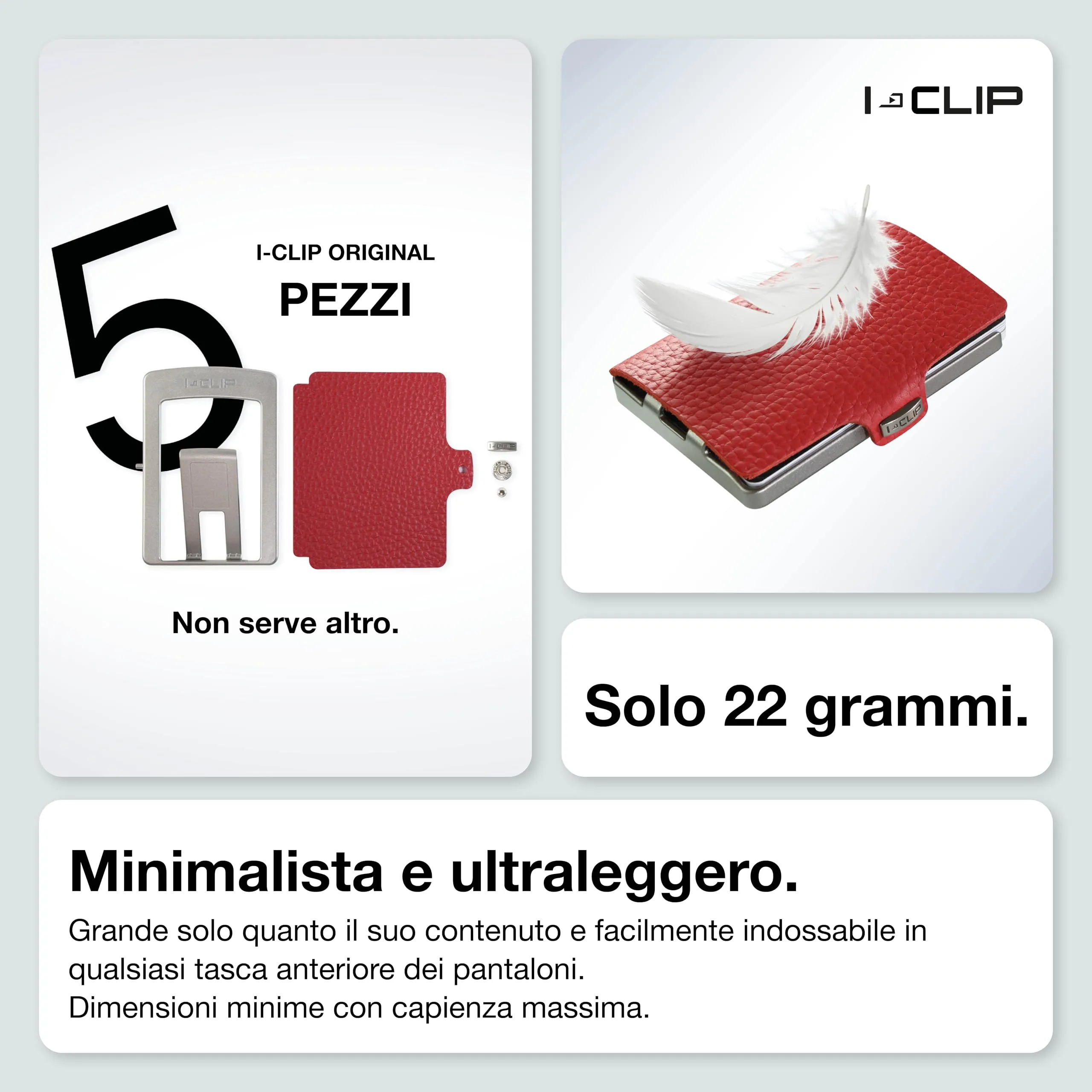 I-CLIP Original Portafoglio Uomo Slim, Mini Wallet fino a 12 Carte, Pelle Martellata Rosso, Telaio Argento - immagine 3