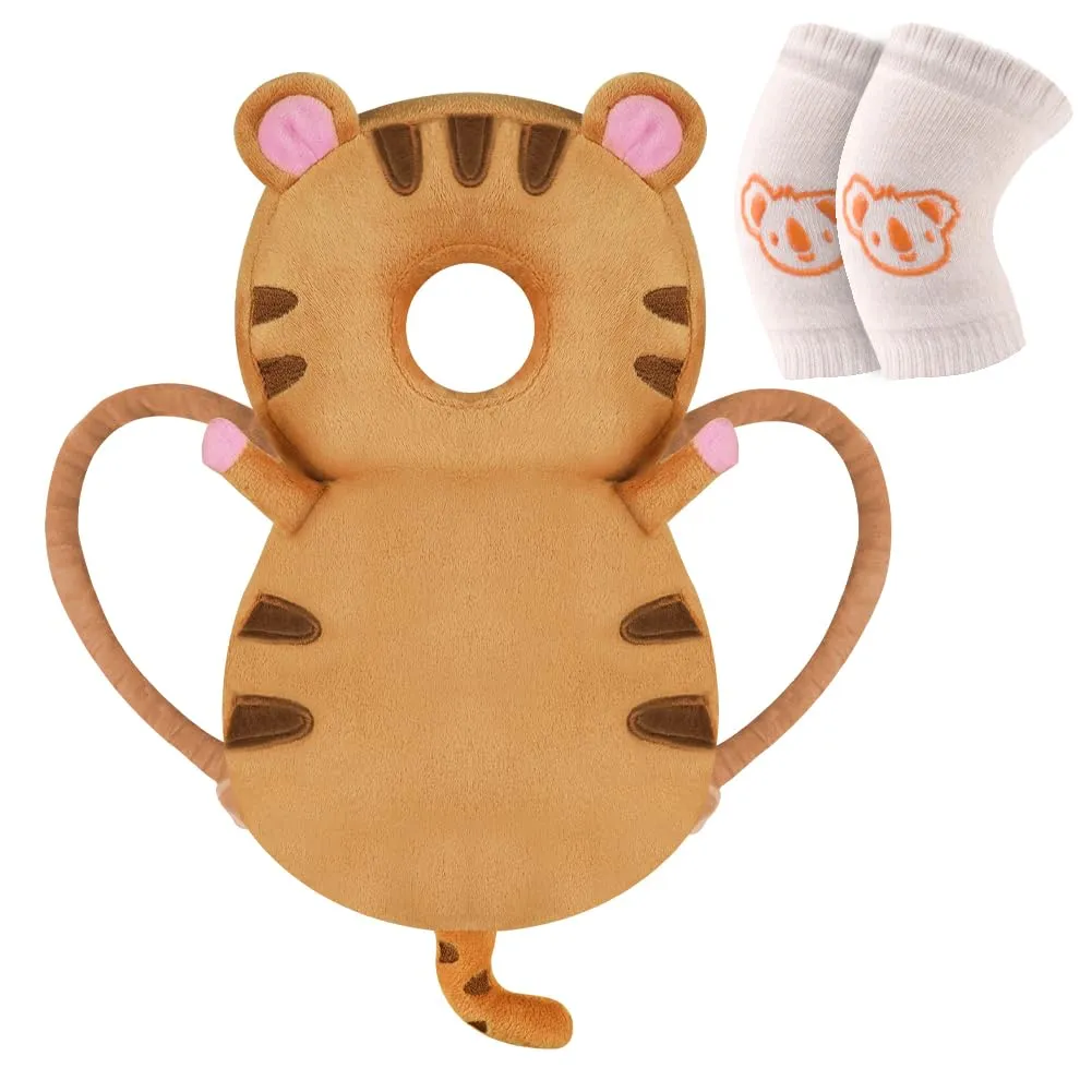 Vicloon Protezione Testa per Neonato e Bambini, Cuscino di Sicurezza Regolabile con Ginocchiere, Tigre Marrone - immagine 1