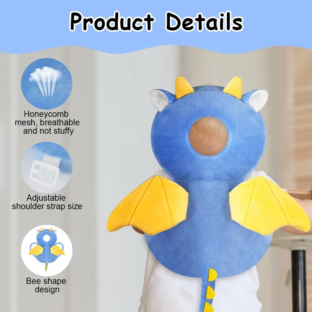 Vicloon Protezione Testa e Ginocchiere per Neonato, Cuscino di Sicurezza Regolabile per Bambini, Drago Blu - immagine 3