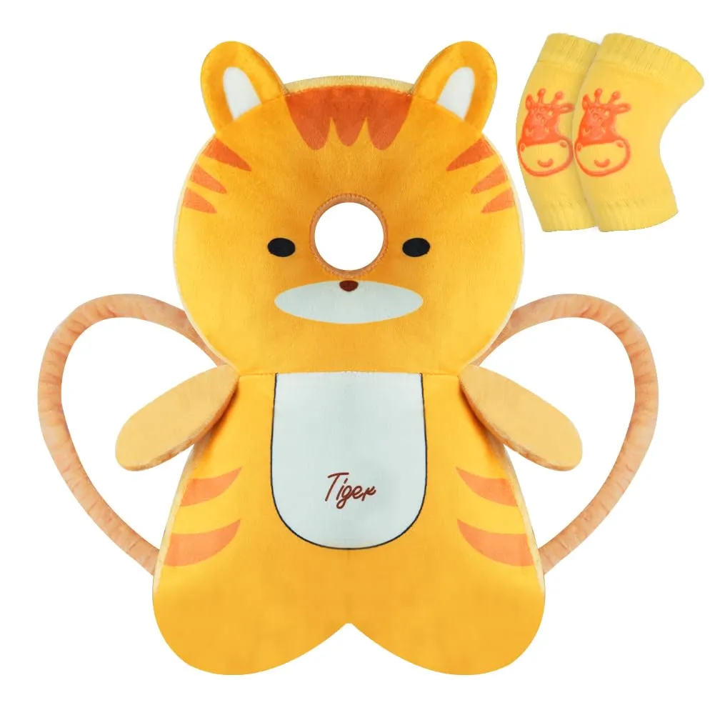 Vicloon Protezione Testa e Ginocchiere per Neonato, Cuscino di Sicurezza Regolabile per Bambini, Tigre Arancione - immagine 1