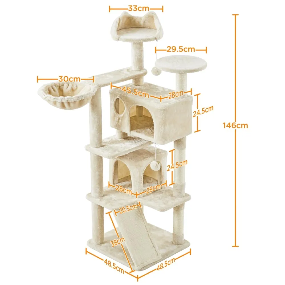 Yaheetech Albero Tiragraffi per Gatti Multilivello con Casetta e Trespolo, 146 cm, Beige - immagine 2