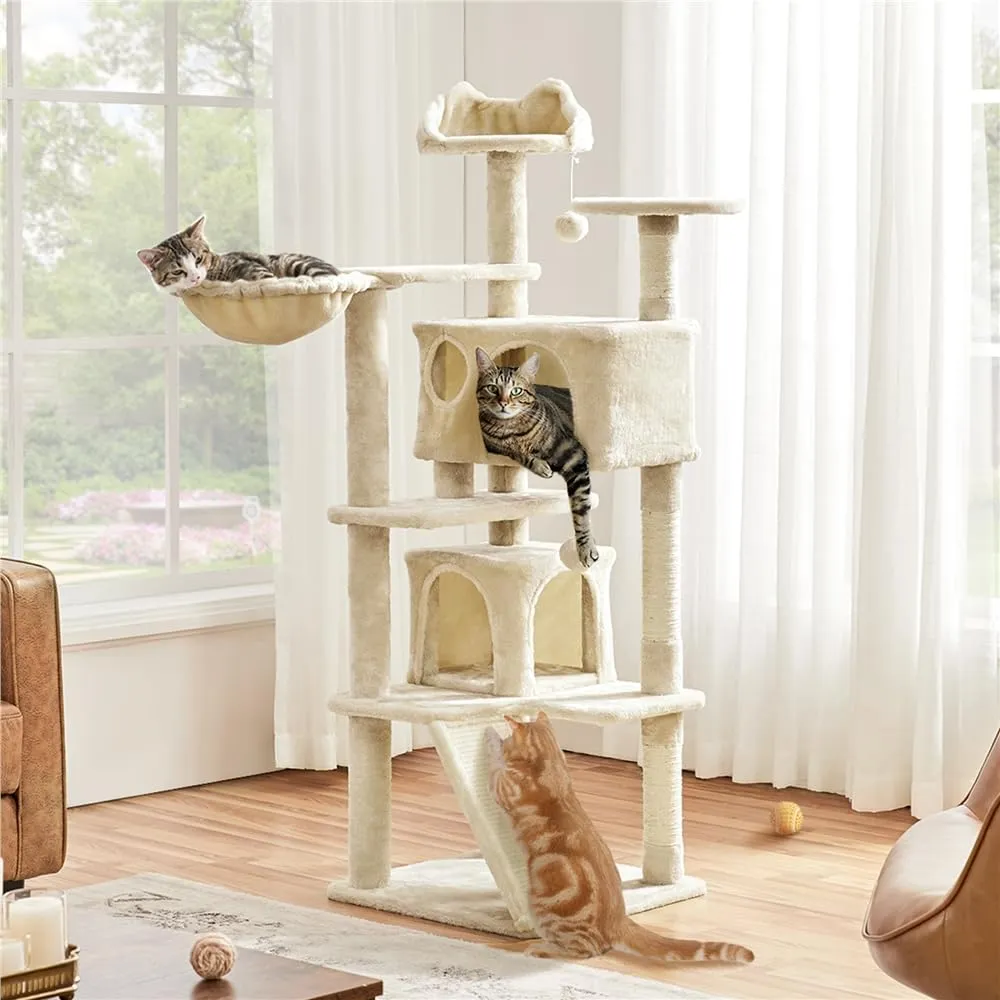 Yaheetech Albero Tiragraffi per Gatti Multilivello con Casetta e Trespolo, 146 cm, Beige - immagine 3