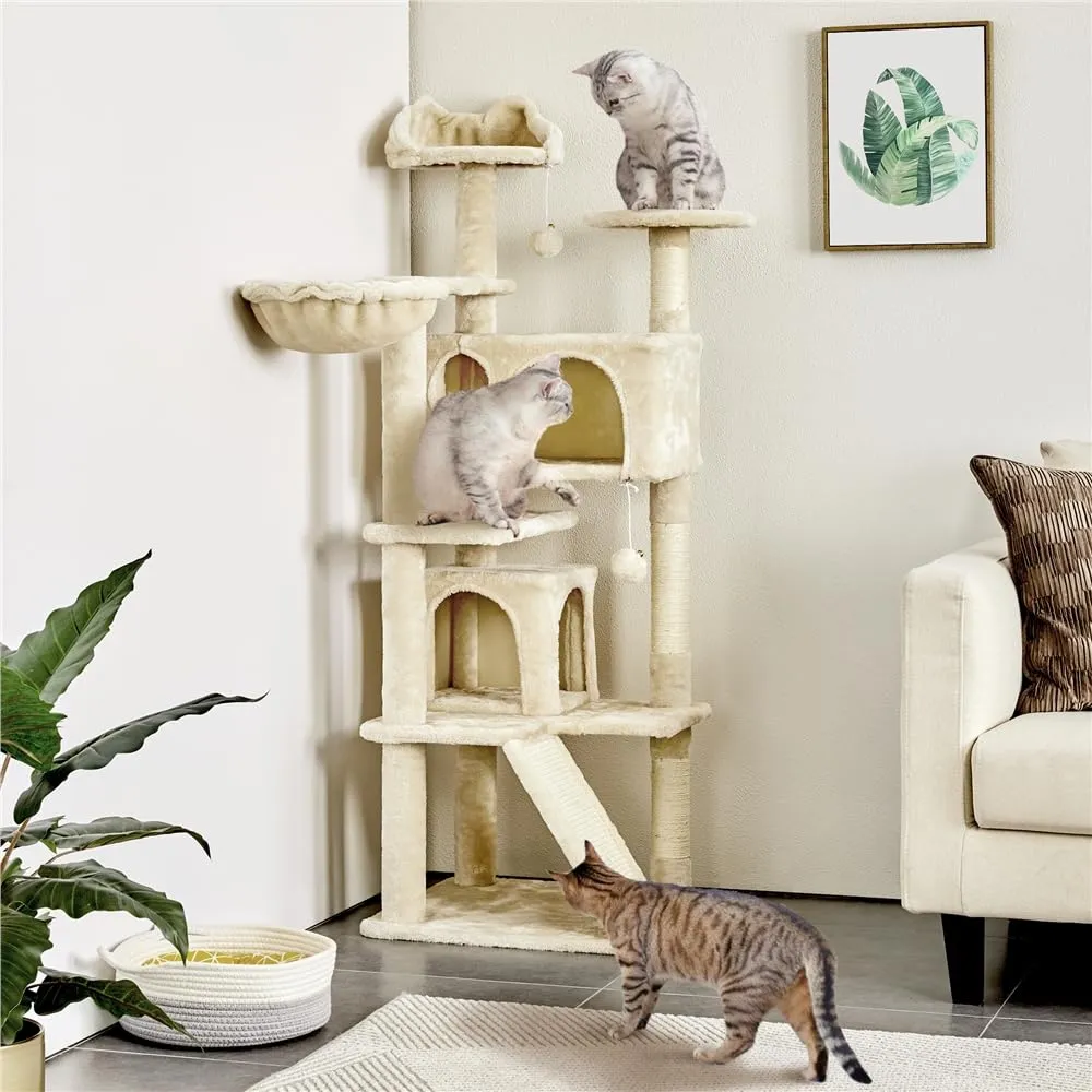 Yaheetech Albero Tiragraffi per Gatti Multilivello con Casetta e Trespolo, 146 cm, Beige - immagine 4