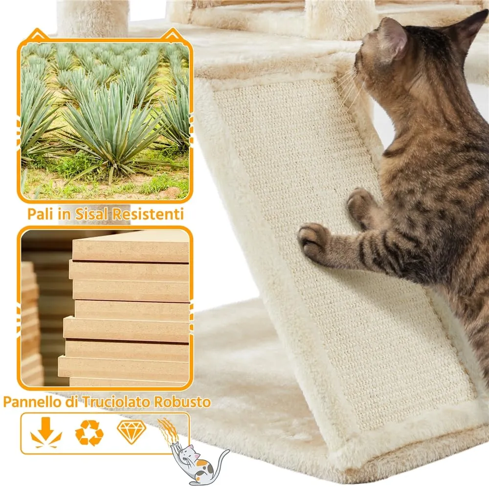 Yaheetech Albero Tiragraffi per Gatti Multilivello con Casetta e Trespolo, 146 cm, Beige - immagine 6