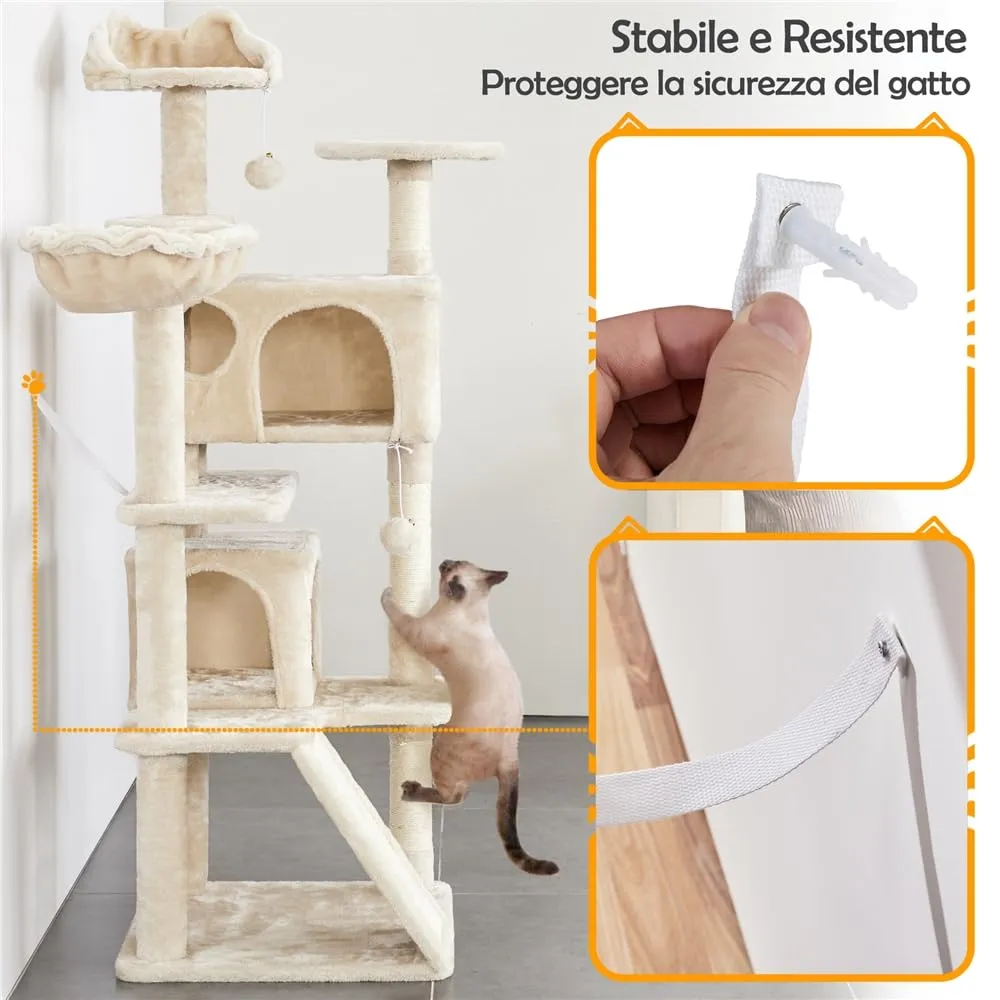 Yaheetech Albero Tiragraffi per Gatti Multilivello con Casetta e Trespolo, 146 cm, Beige - immagine 7