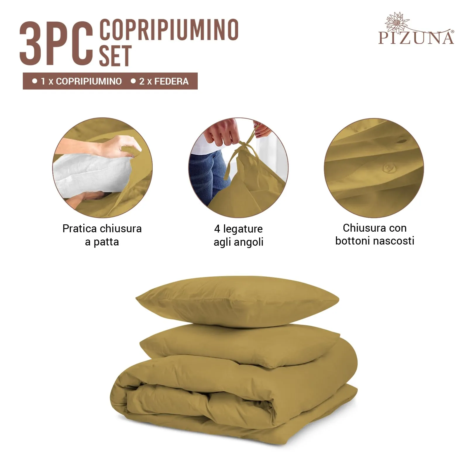 Pizuna Linens Set Copripiumino Matrimoniale in Cotone 400 Fili, 240x200 cm, Oro, 3 Pezzi - immagine 3