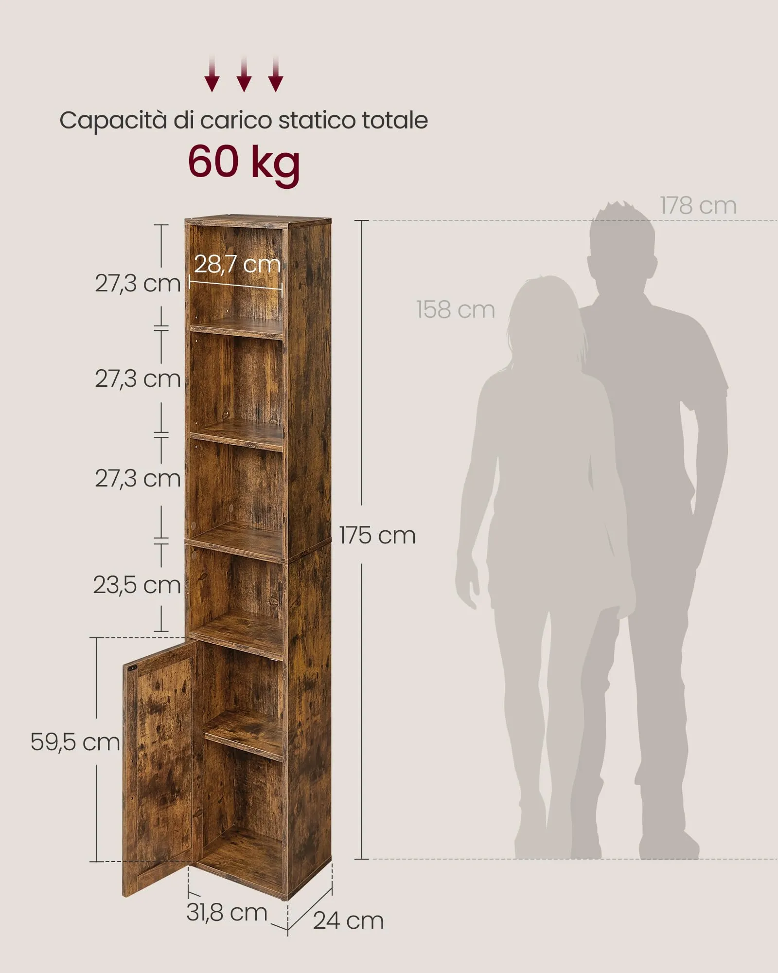 VASAGLE Libreria a 6 Ripiani con Anta, 31,8 x 24 x 175 cm - immagine 6