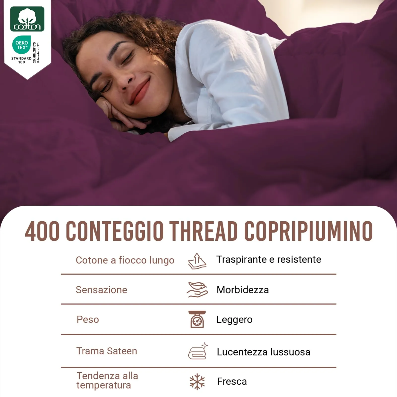 Pizuna Linens Set Copripiumino Matrimoniale 100% Cotone 400 Fili, 240x200 cm, Prugna, 3 Pezzi - immagine 2