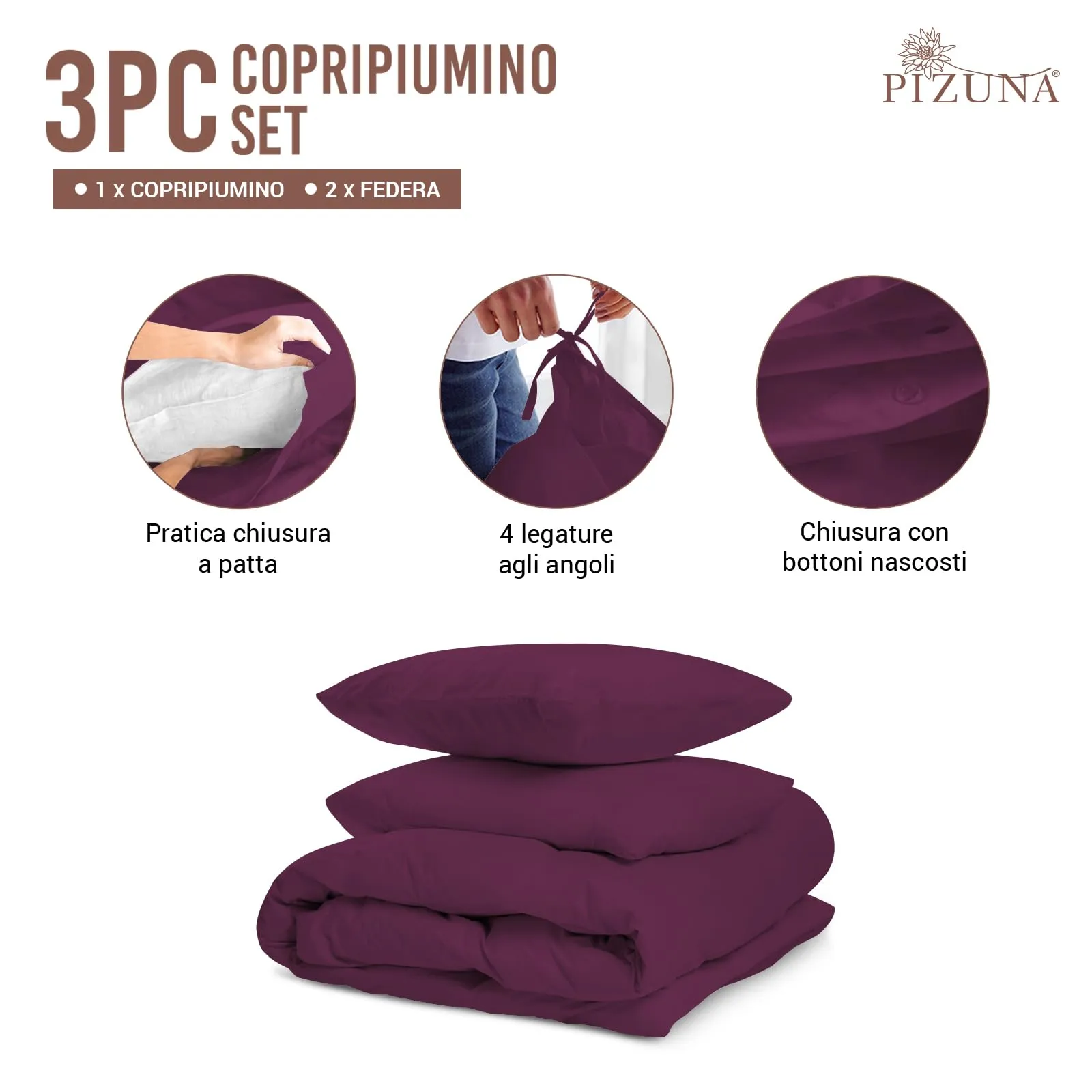 Pizuna Linens Set Copripiumino Matrimoniale 100% Cotone 400 Fili, 240x200 cm, Prugna, 3 Pezzi - immagine 3