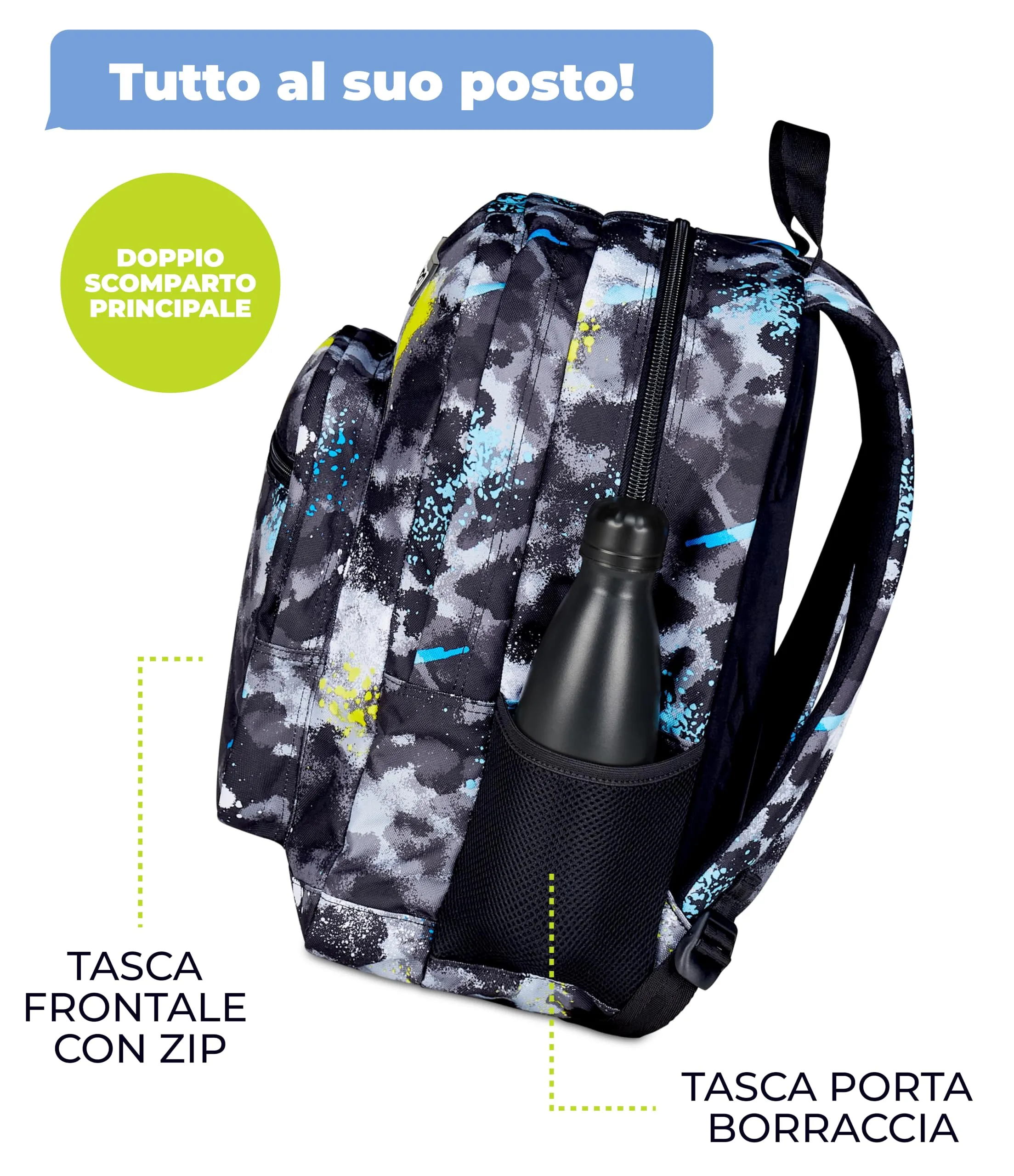 Seven Freethink Zaino Scuola 34L Doppio Scomparto, Nero Giallo - immagine 4