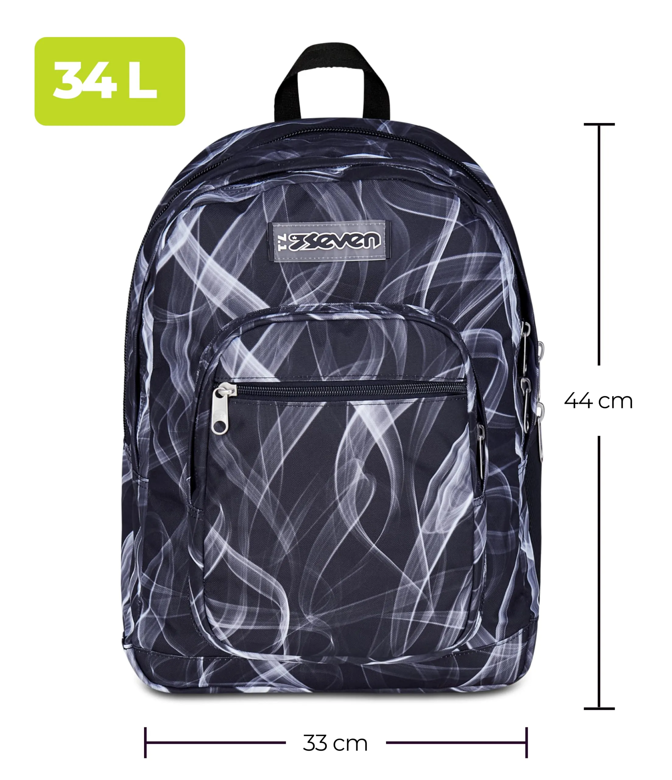 Seven Freethink Zaino Scuola 34L, Doppio Scomparto, Tasca PC e Borraccia, Nero Grigio - immagine 2