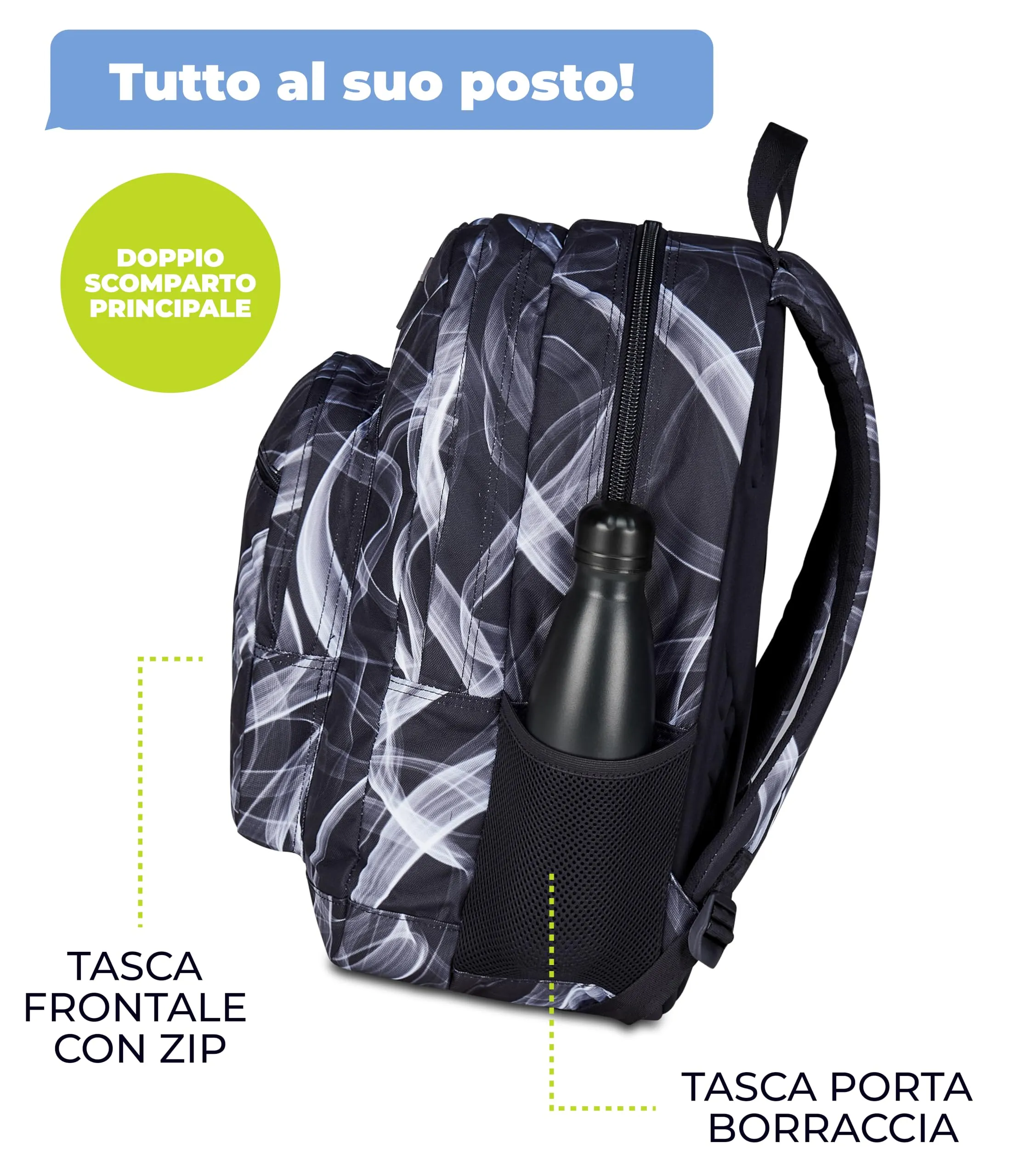 Seven Freethink Zaino Scuola 34L, Doppio Scomparto, Tasca PC e Borraccia, Nero Grigio - immagine 4