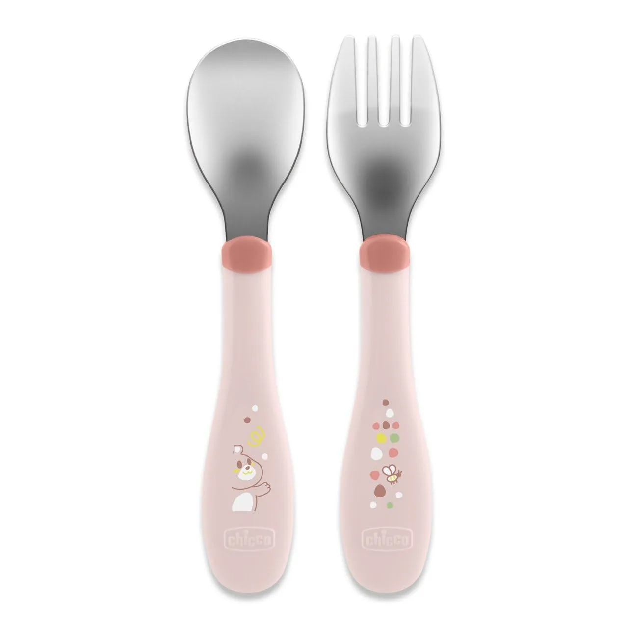 Chicco Posatine Inox, Set Posate per Bambini Forchetta e Cucchiaio, Acciaio Inossidabile, 2 Pezzi, 18M+, Rosa - immagine 1