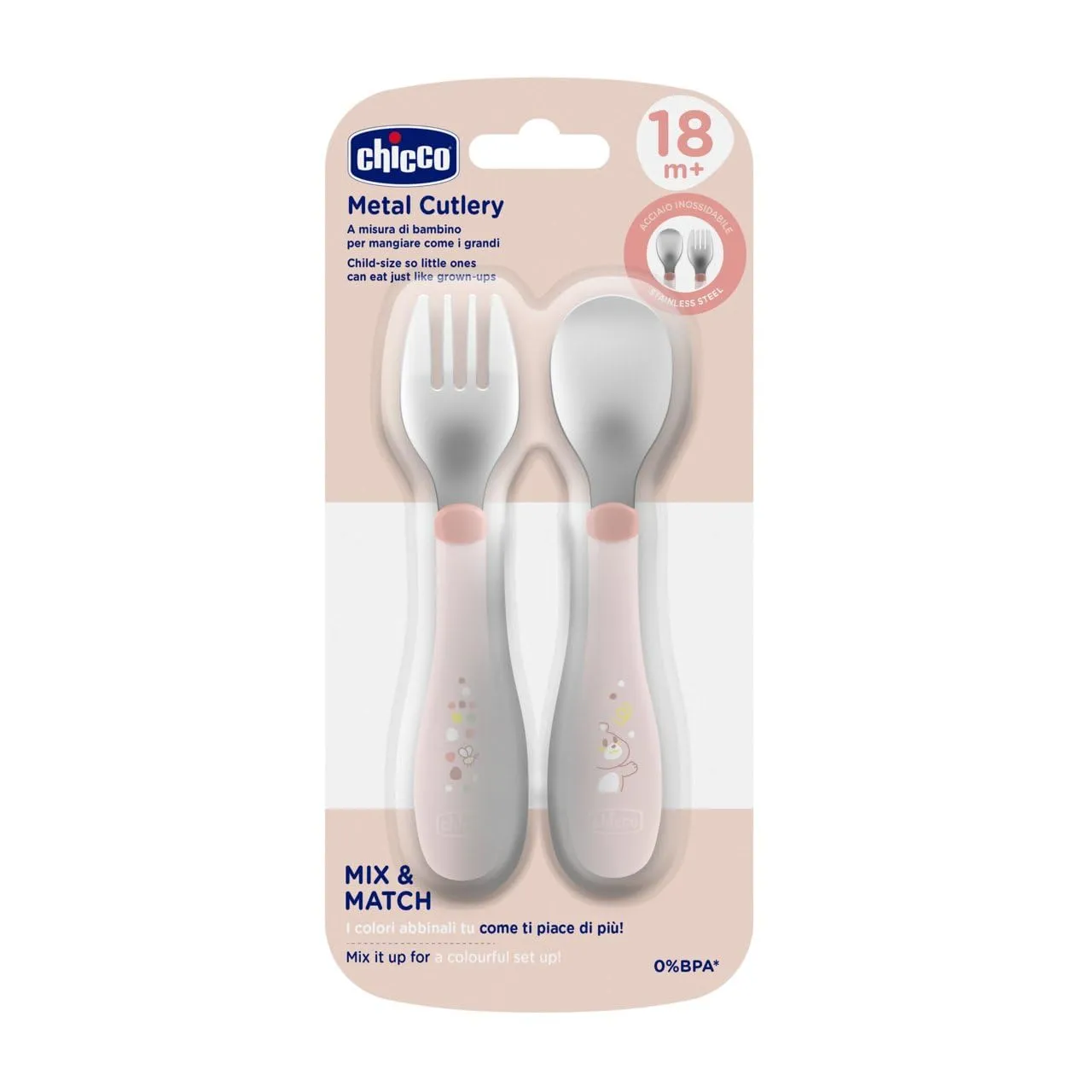 Chicco Posatine Inox, Set Posate per Bambini Forchetta e Cucchiaio, Acciaio Inossidabile, 2 Pezzi, 18M+, Rosa - immagine 2
