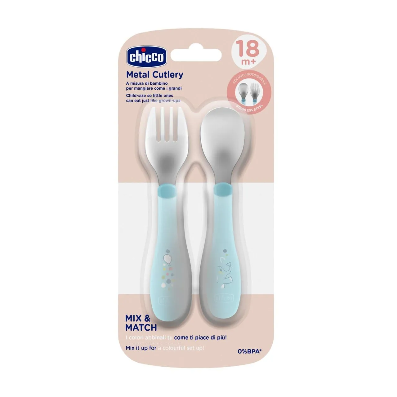 Chicco Posatine Inox Set Pappa Forchetta e Cucchiaio in Acciaio Inossidabile, 2 Pezzi, 18M+, Azzurro - immagine 2