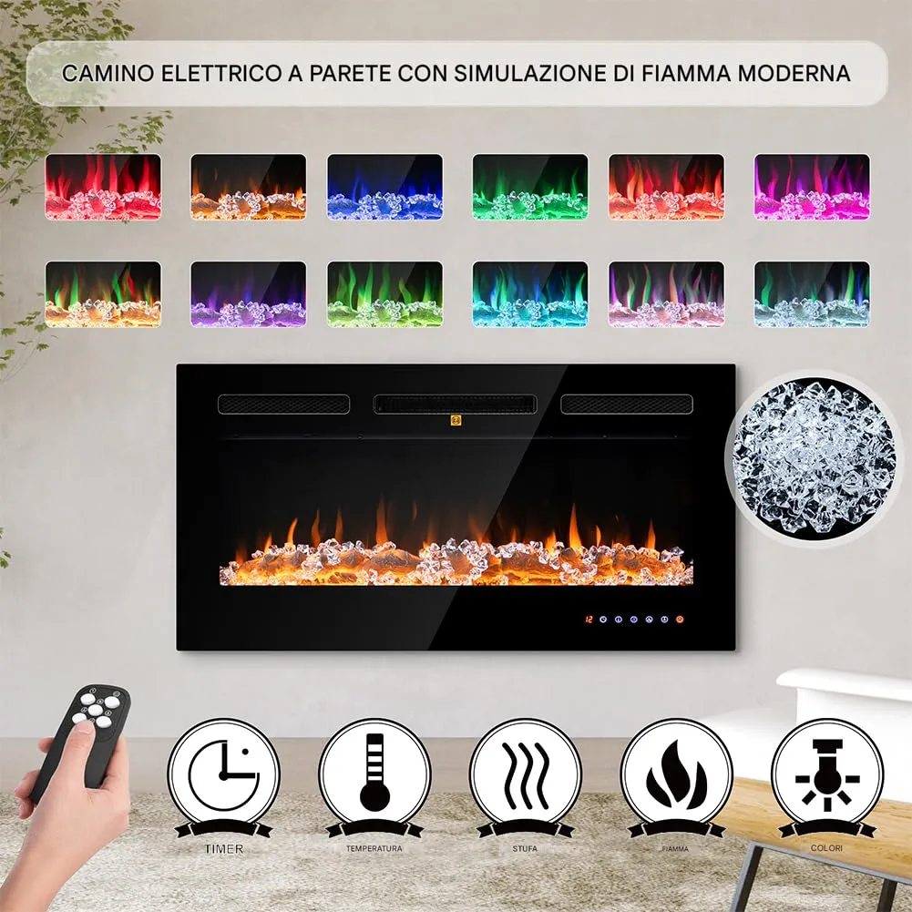 BAKAJI Camino Elettrico da Incasso Livigno 91 cm, Elettrocamino 3D con 12 Colori LED e Riscaldamento Regolabile - immagine 3